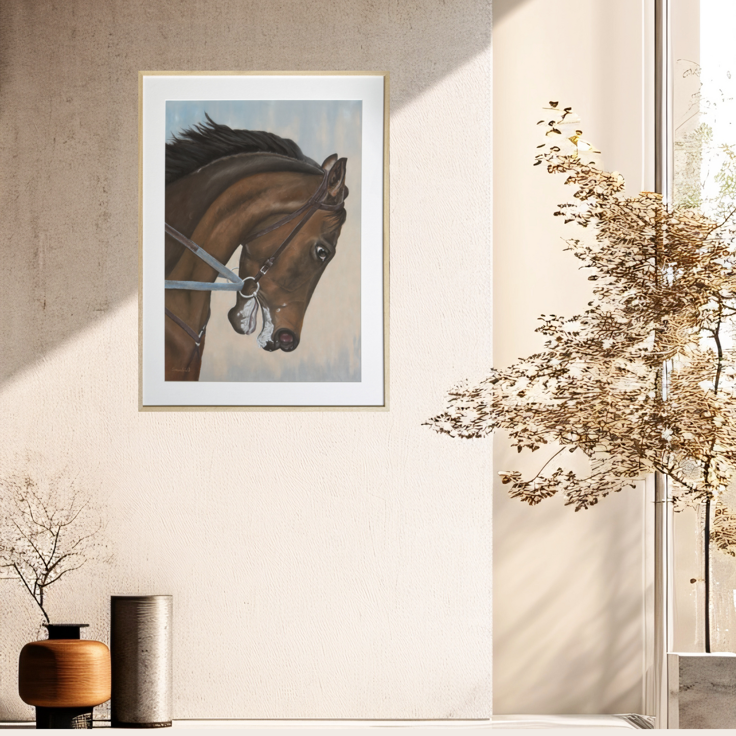 Closeup of the head and shoulders of a galloping horse painting, framed on a cream wall by artist Fiona Stansfield