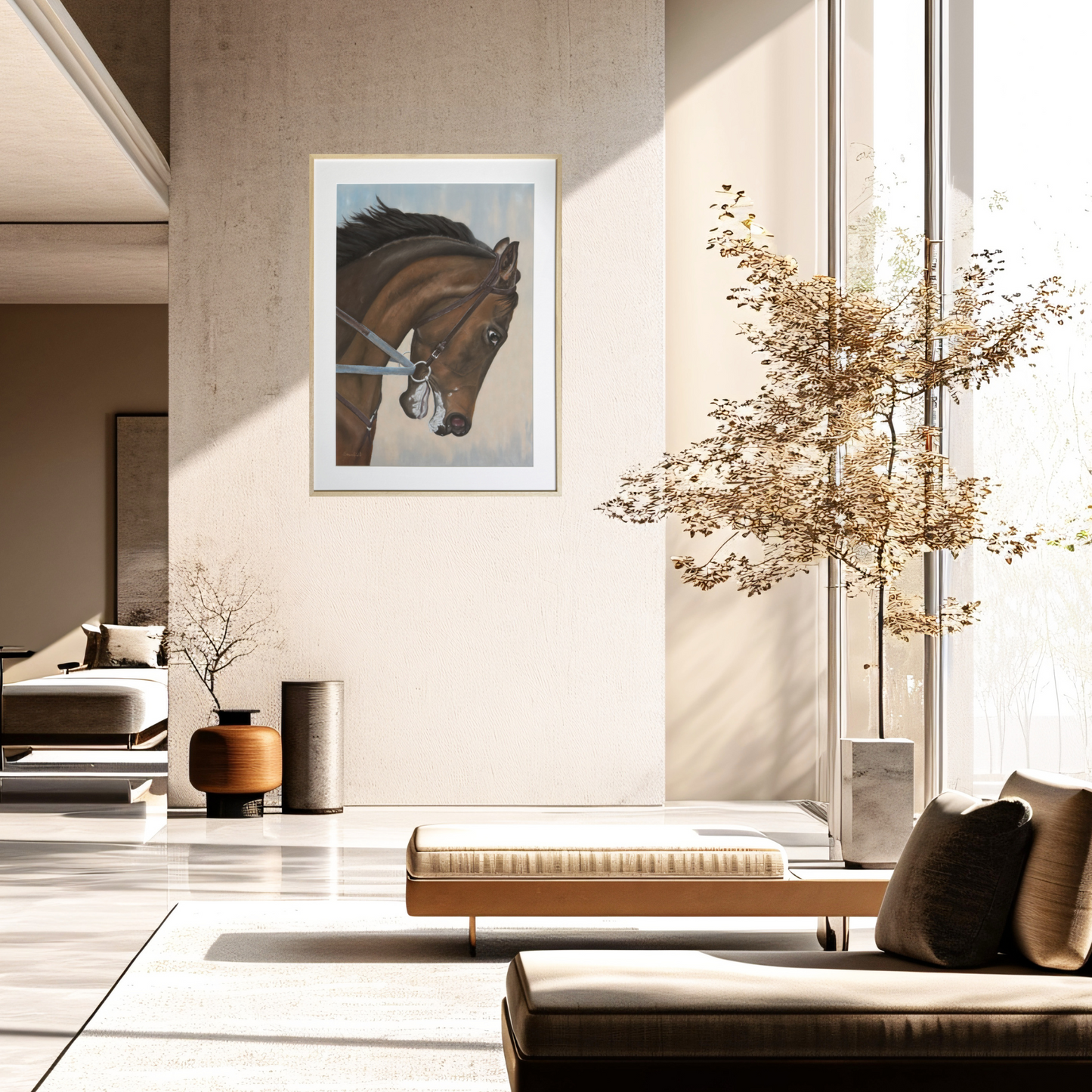 Room setting of an original pastel galloping horse painting by Fiona Stansfield Fine Art