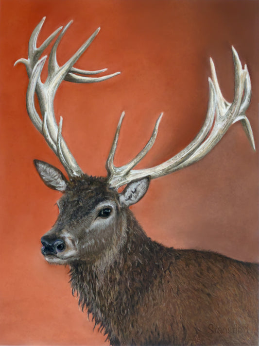 Painting of a deer with large antlers on an orange background
