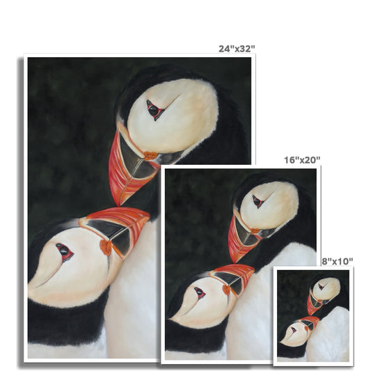 A print of a striking original pastel painting of puffin love by artist Fiona Stansfield. Shown in three different sizes.