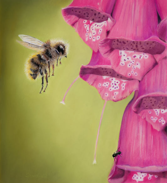 Painting of a bumblebee approaching a pink flower on a green background