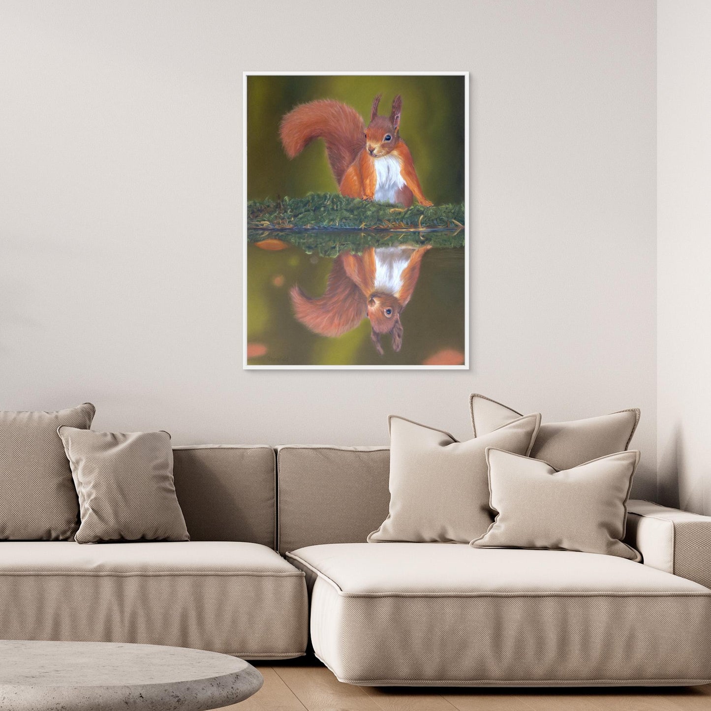 Red squirrel and reflection on a large canvas print