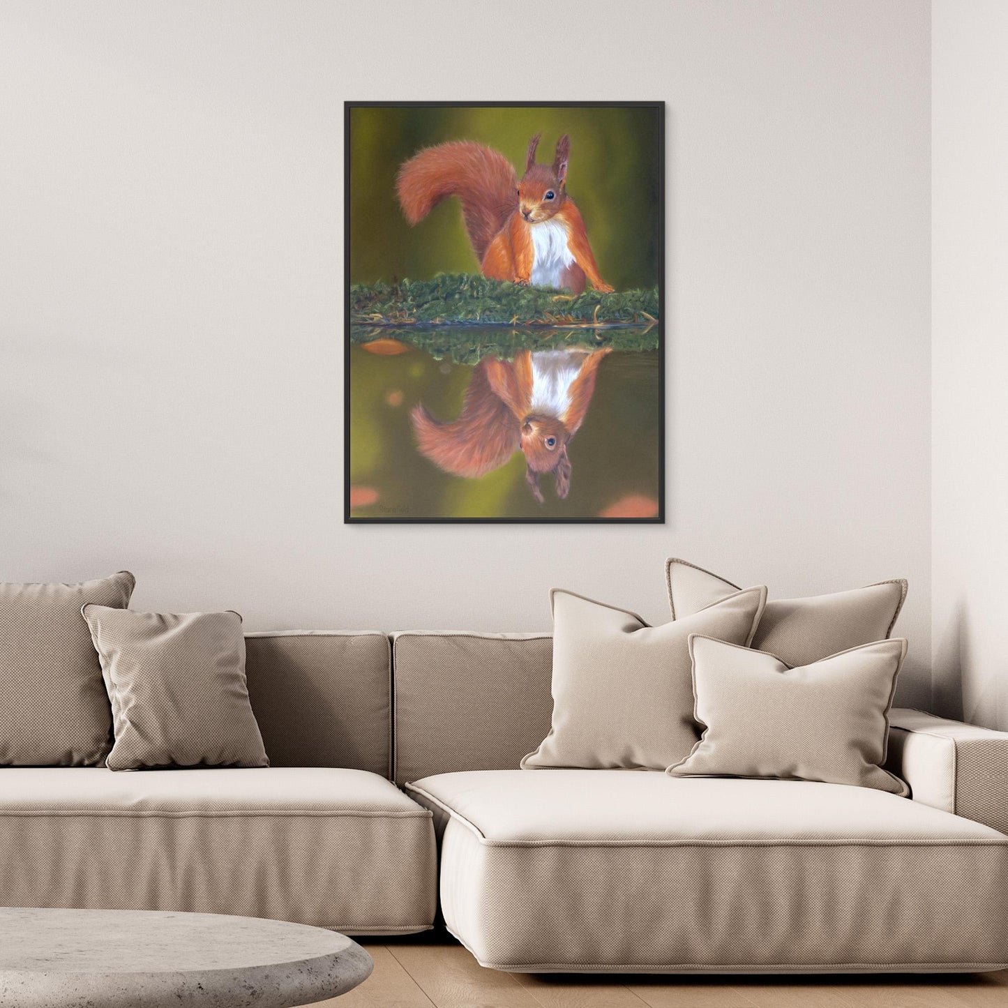 Red squirrel and reflection on a large canvas print