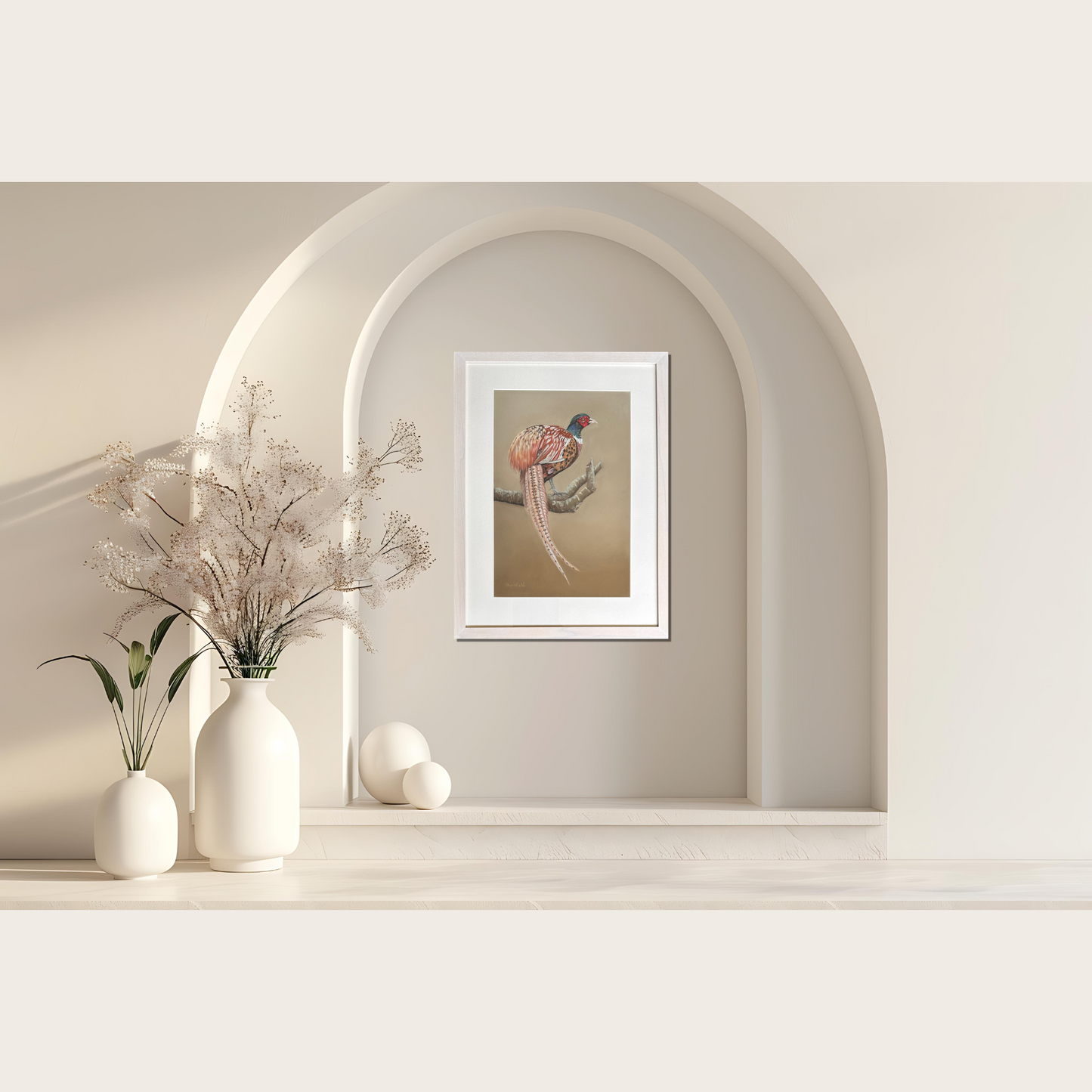 Original Pastel painting of male phesant in a white frame hanging on a wall byt Fiona Stansfield Fine Art