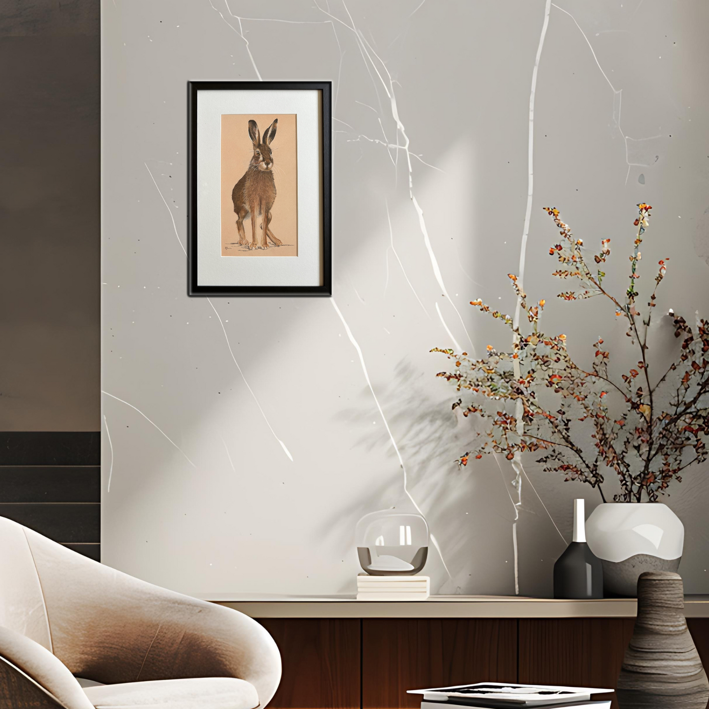 A close up wall mounted colourful hare painting