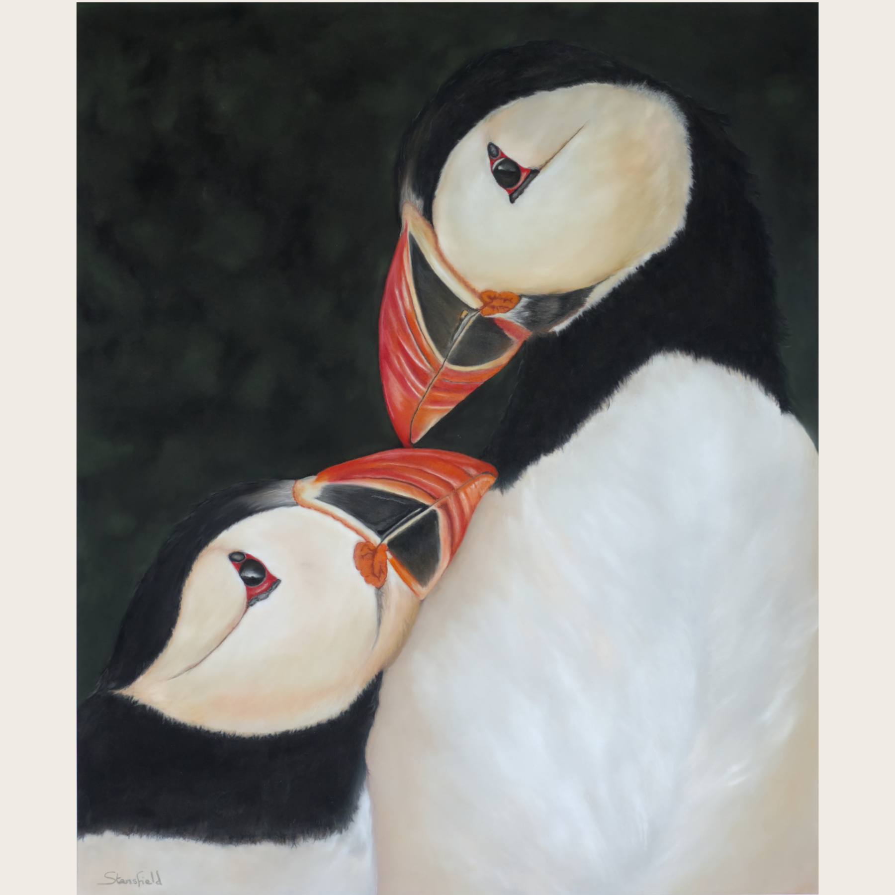 An original pastel portrait showing an attitude of puffin love, the bird with a colourful beak
