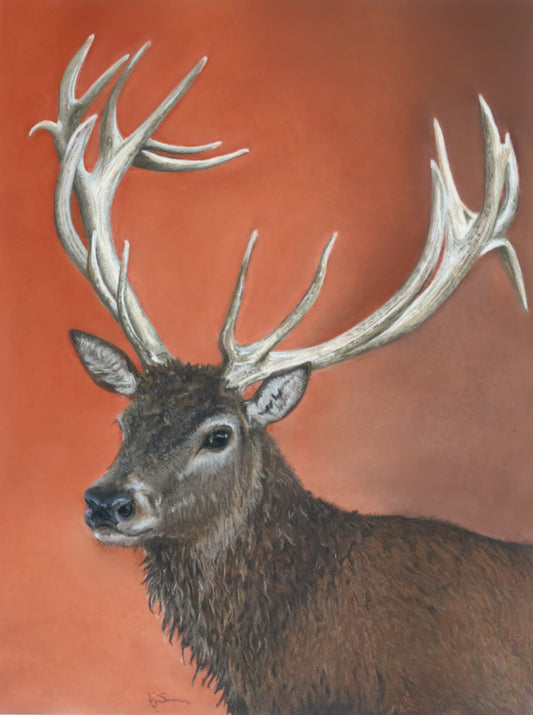 Detailed painting of a deer with large antlers on a red/orange background