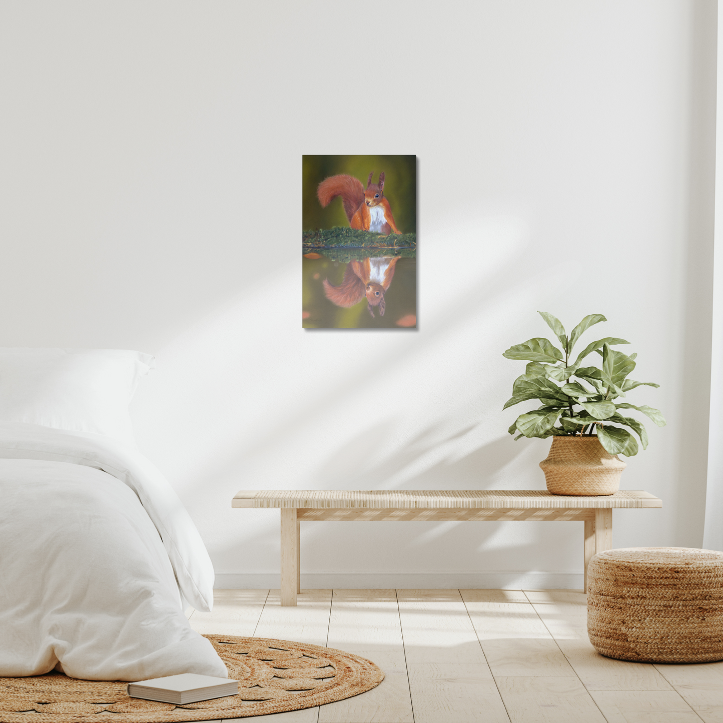 Small red squirrel canvas in a room setting