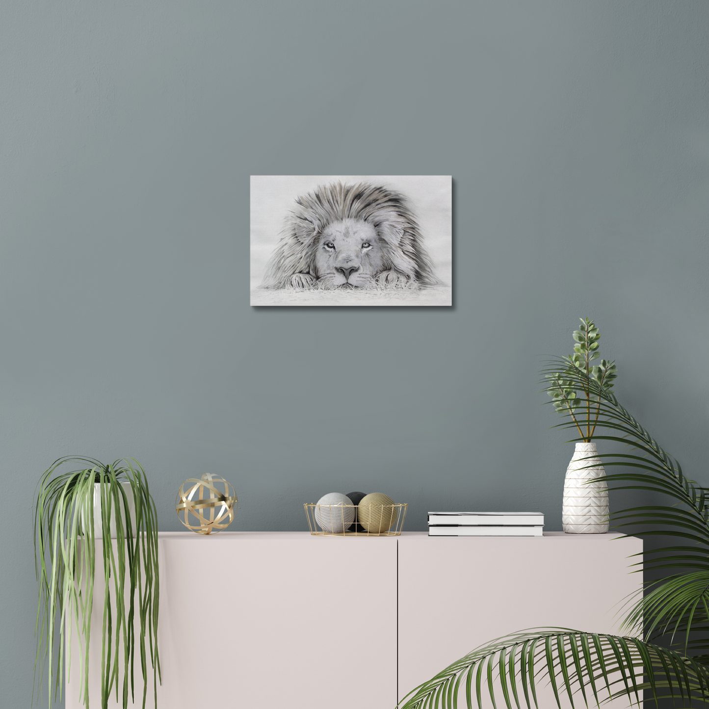 Lion - I see you: a stretched canvas print of a lazy lion painting
