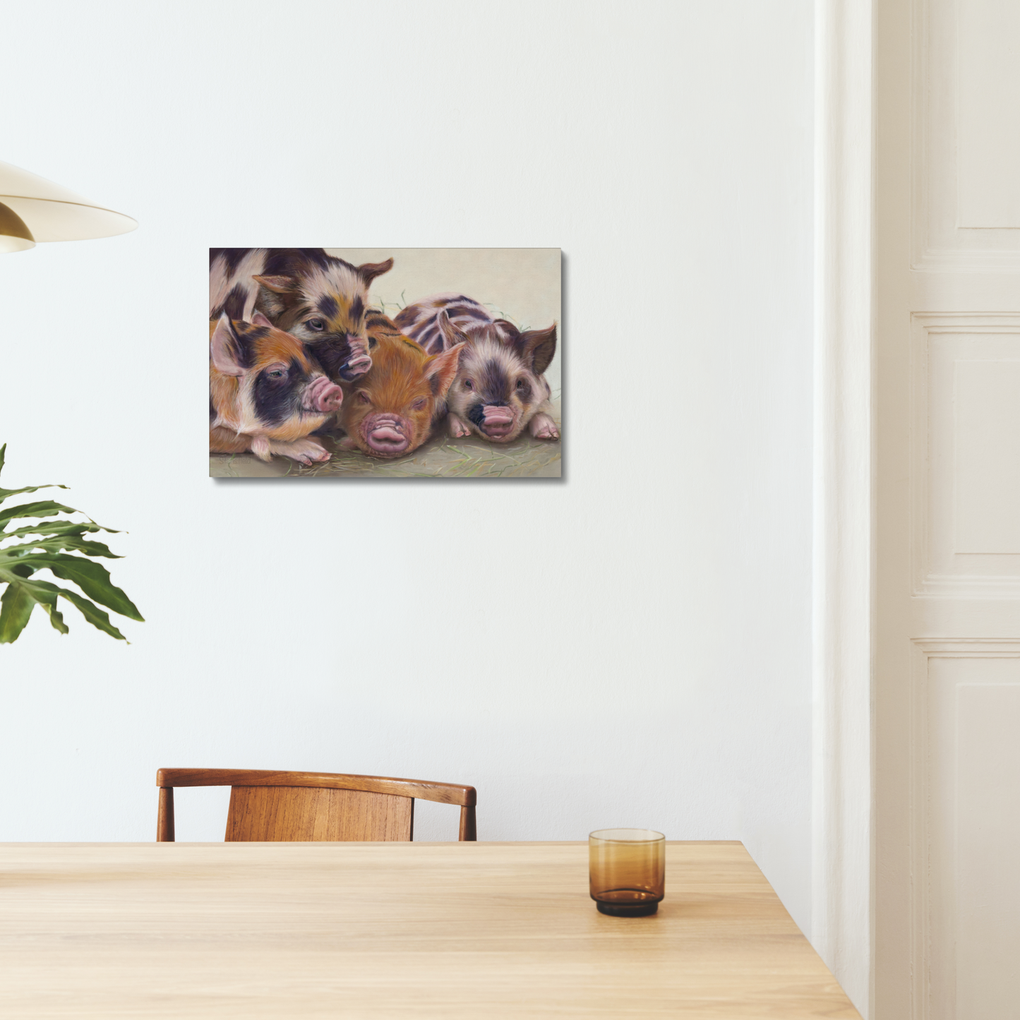 Four little piggies: A stretched canvas print of four cute piglets