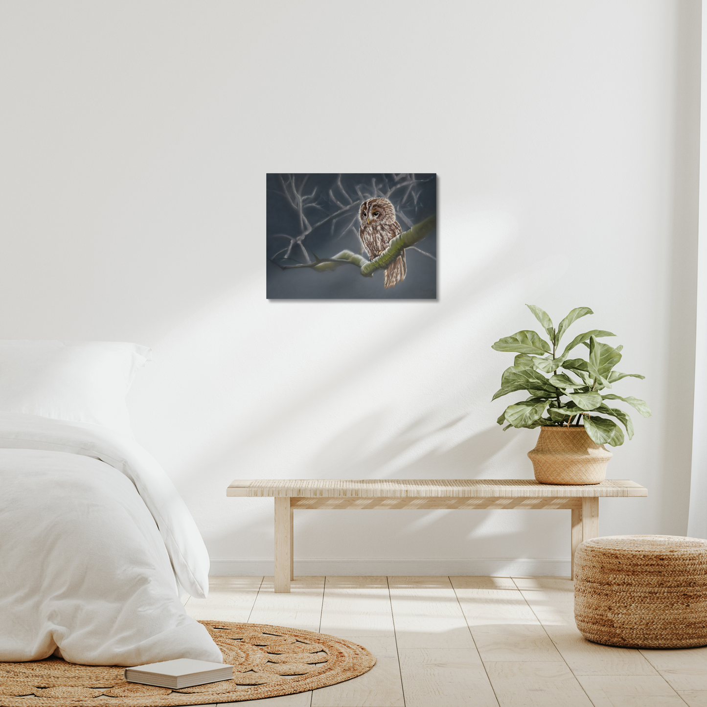 Moonlit tawny owl: waiting patiently on a stretch canvas print