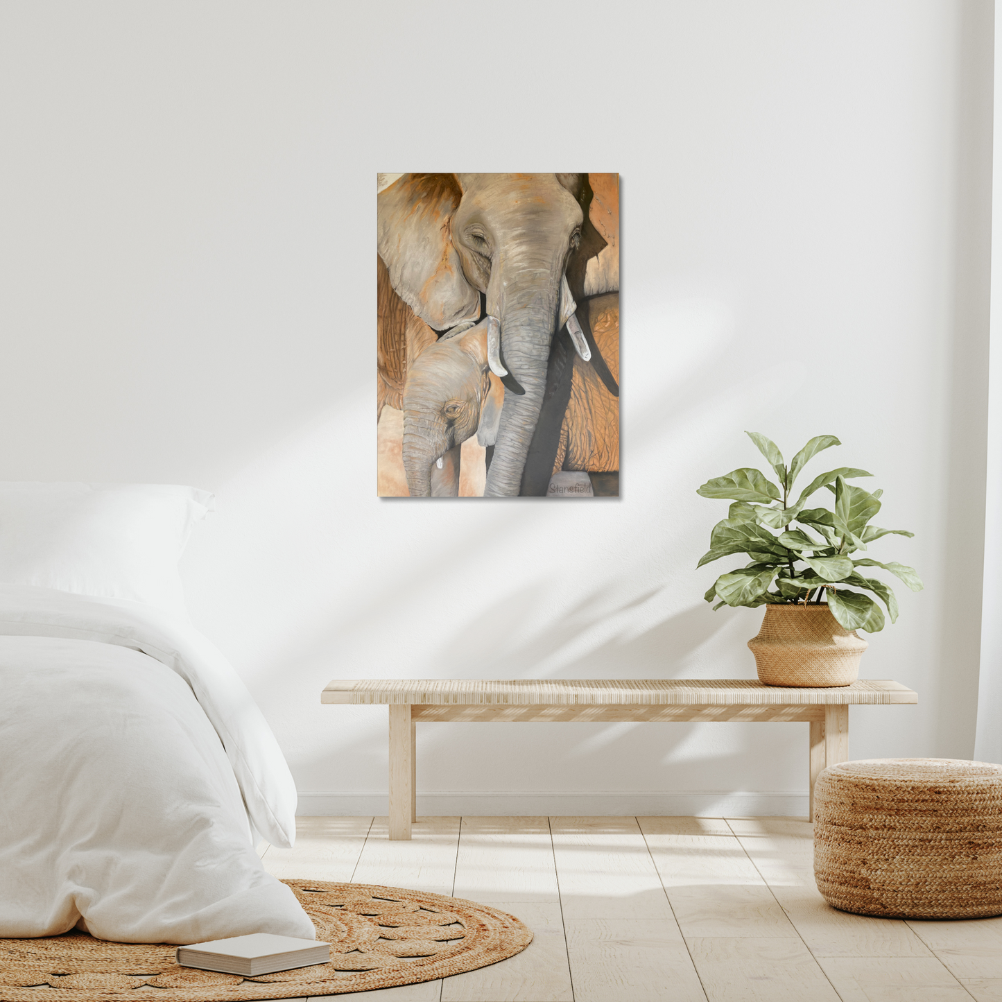 After a mud bath: a stretched canvas print of an elephant cow and calf