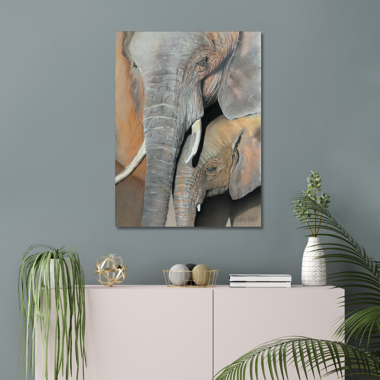 Elephant cow and calf: a stretched canvas print of an elephant cow and calf portrait