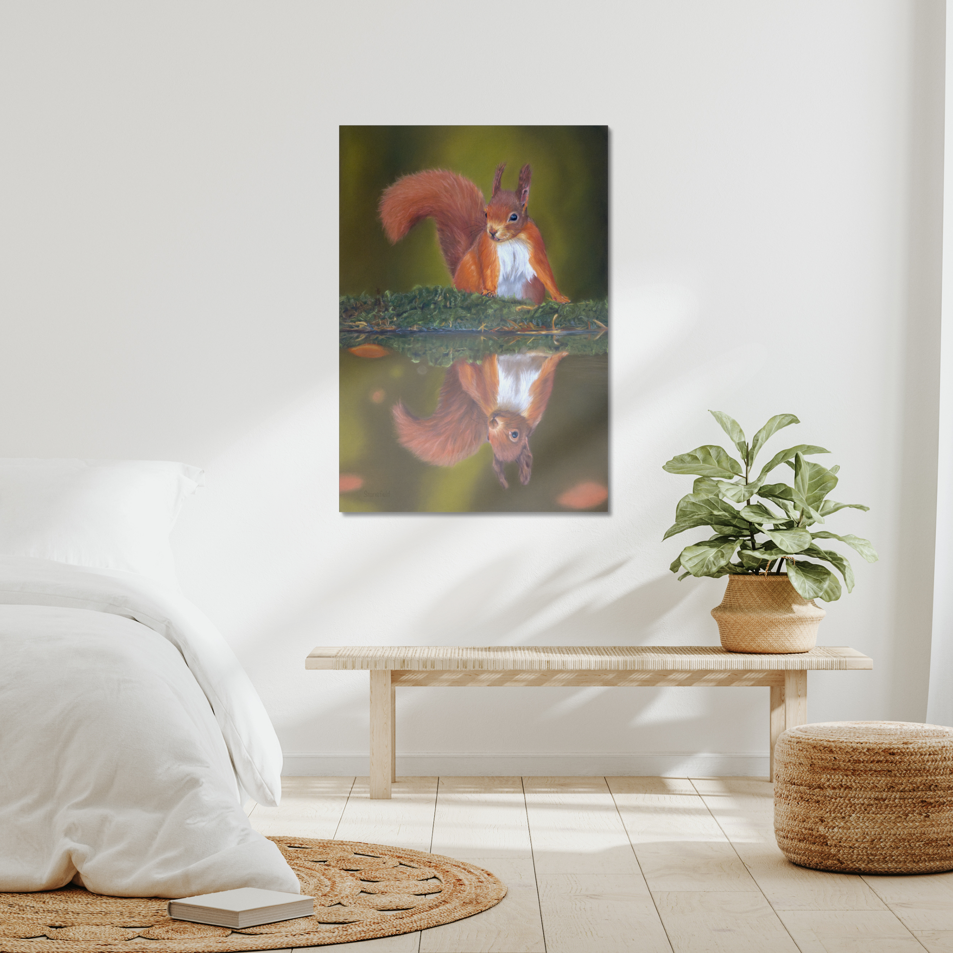 Large red squirrel canvas in a room setting