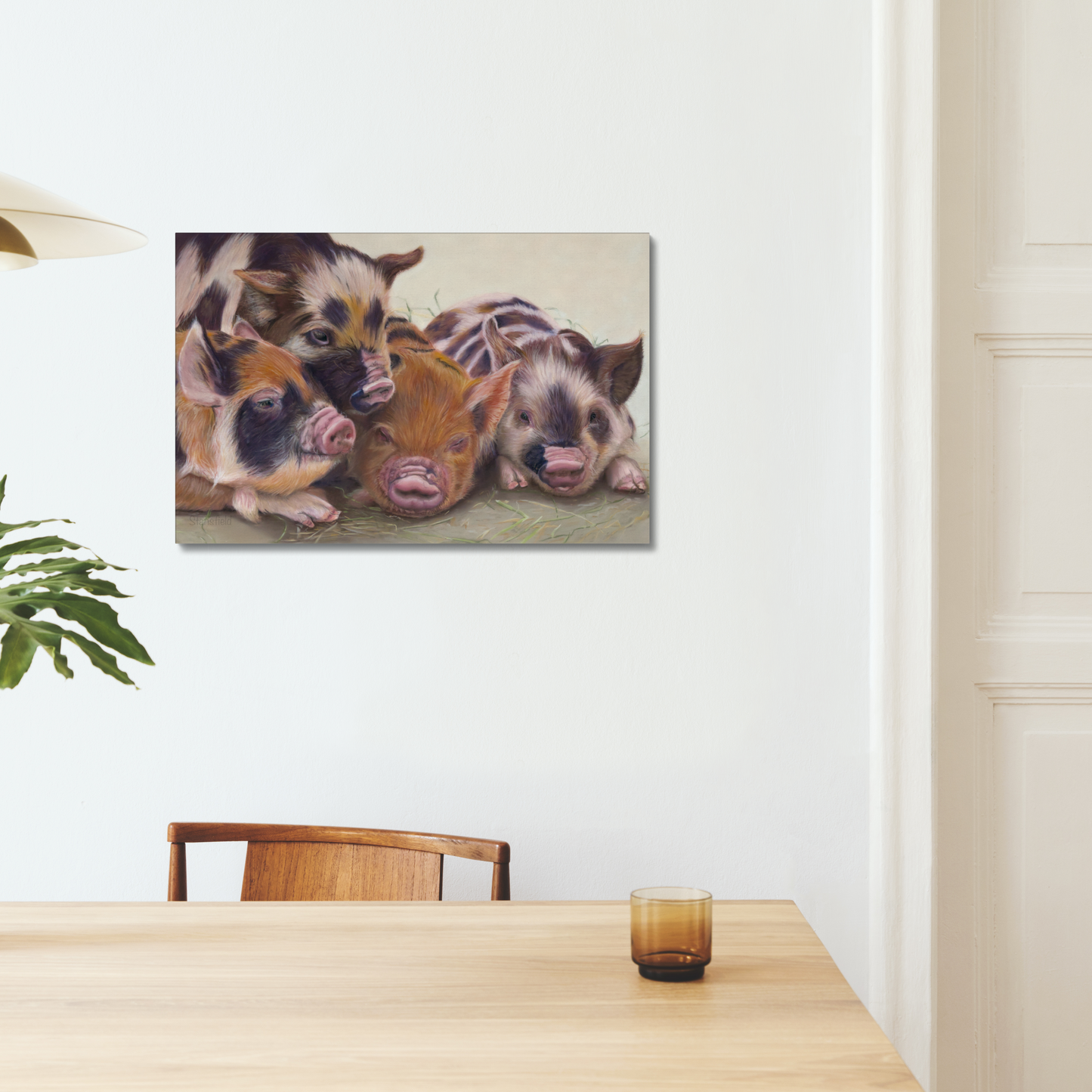 Four little piggies: A stretched canvas print of four cute piglets