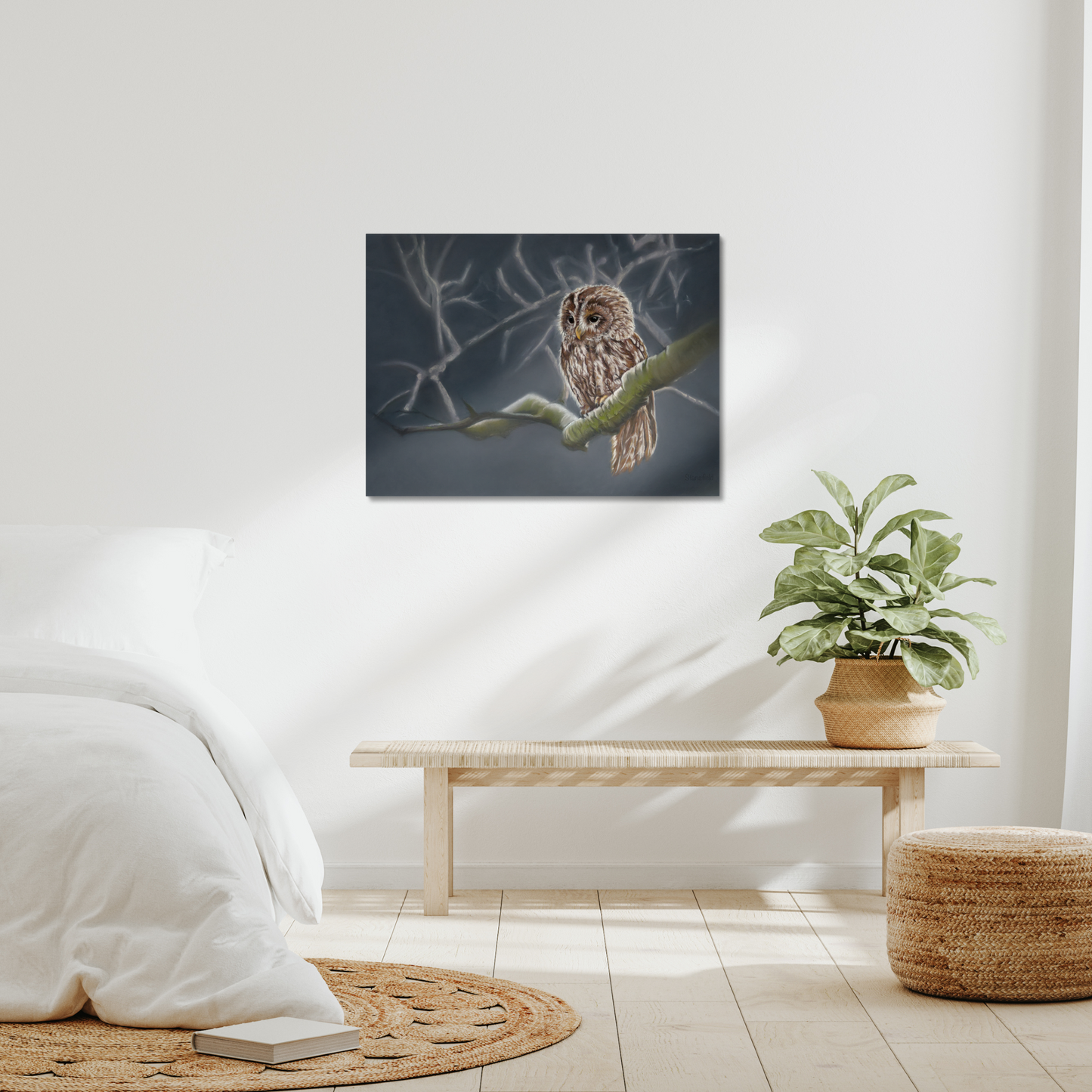 Moonlit tawny owl: waiting patiently on a stretch canvas print