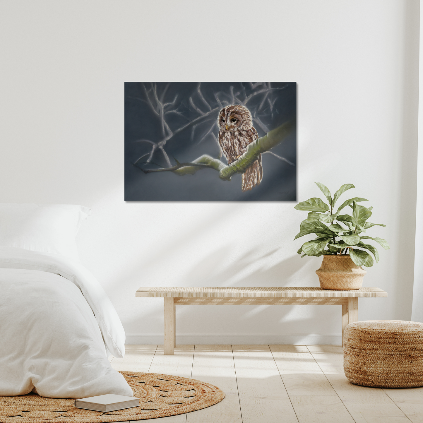 Moonlit tawny owl: waiting patiently on a stretch canvas print
