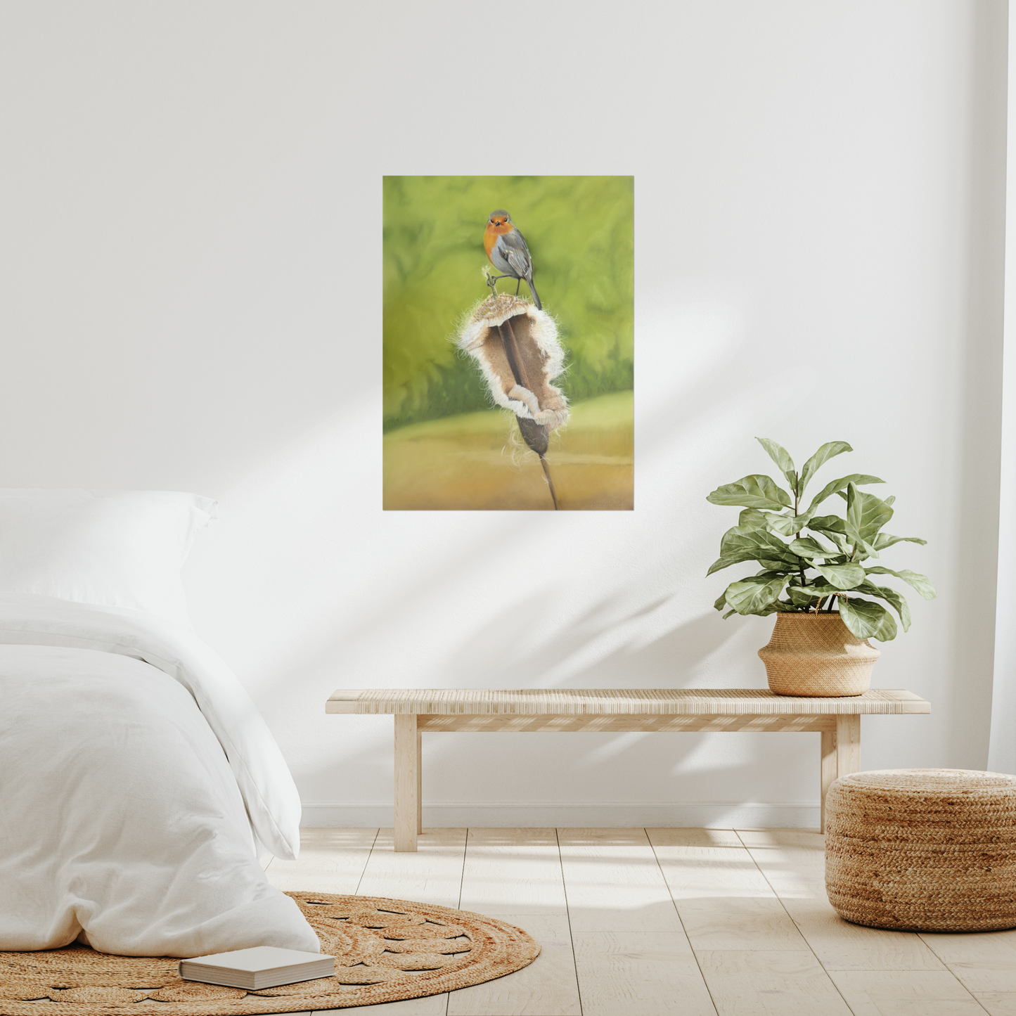 Room interior with a painting of a bird on a branch, a plant, and a wooden bench.