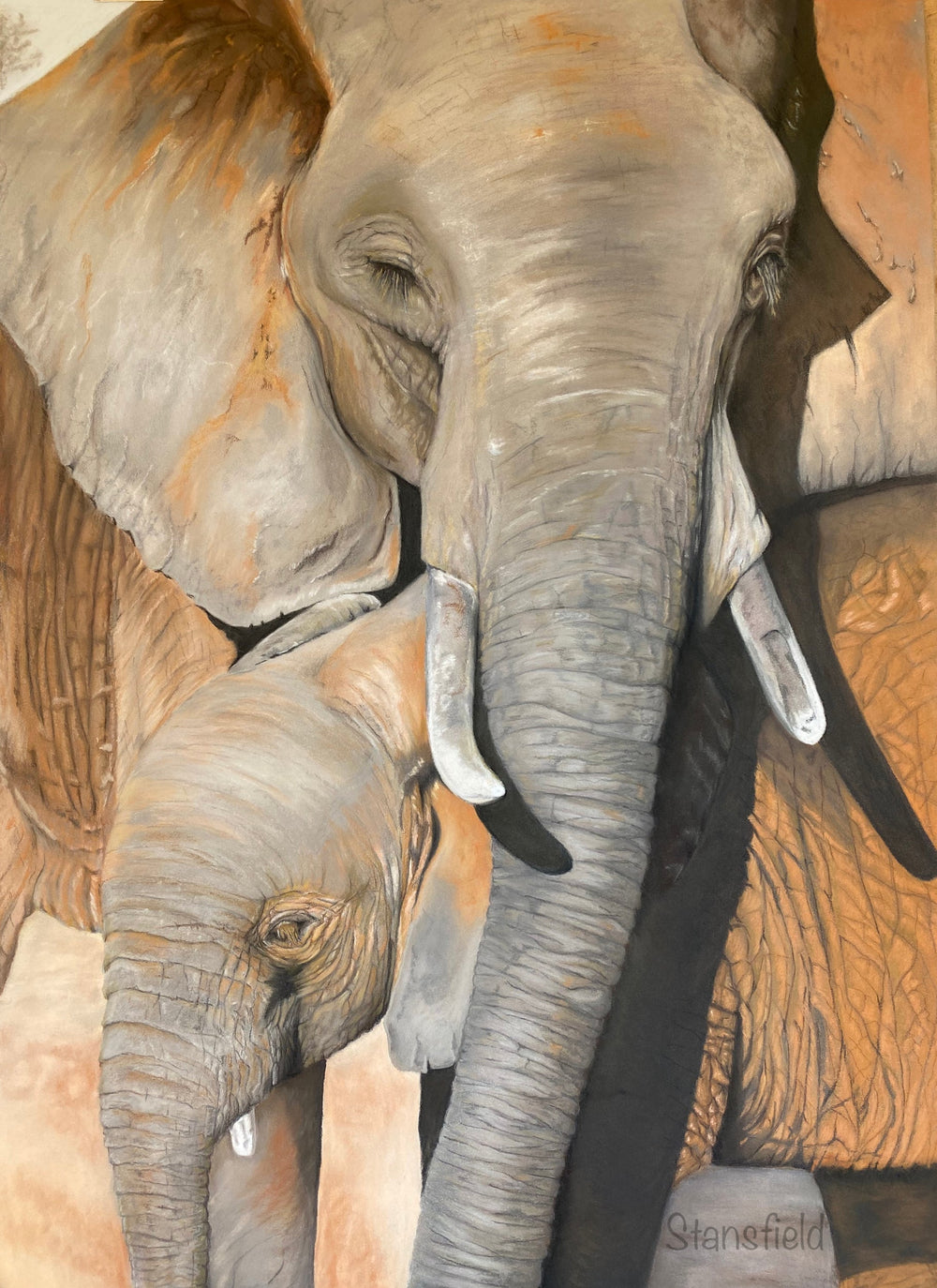 Elephant cow and calf after a mud bath – wildlife art print by Fiona Stansfield