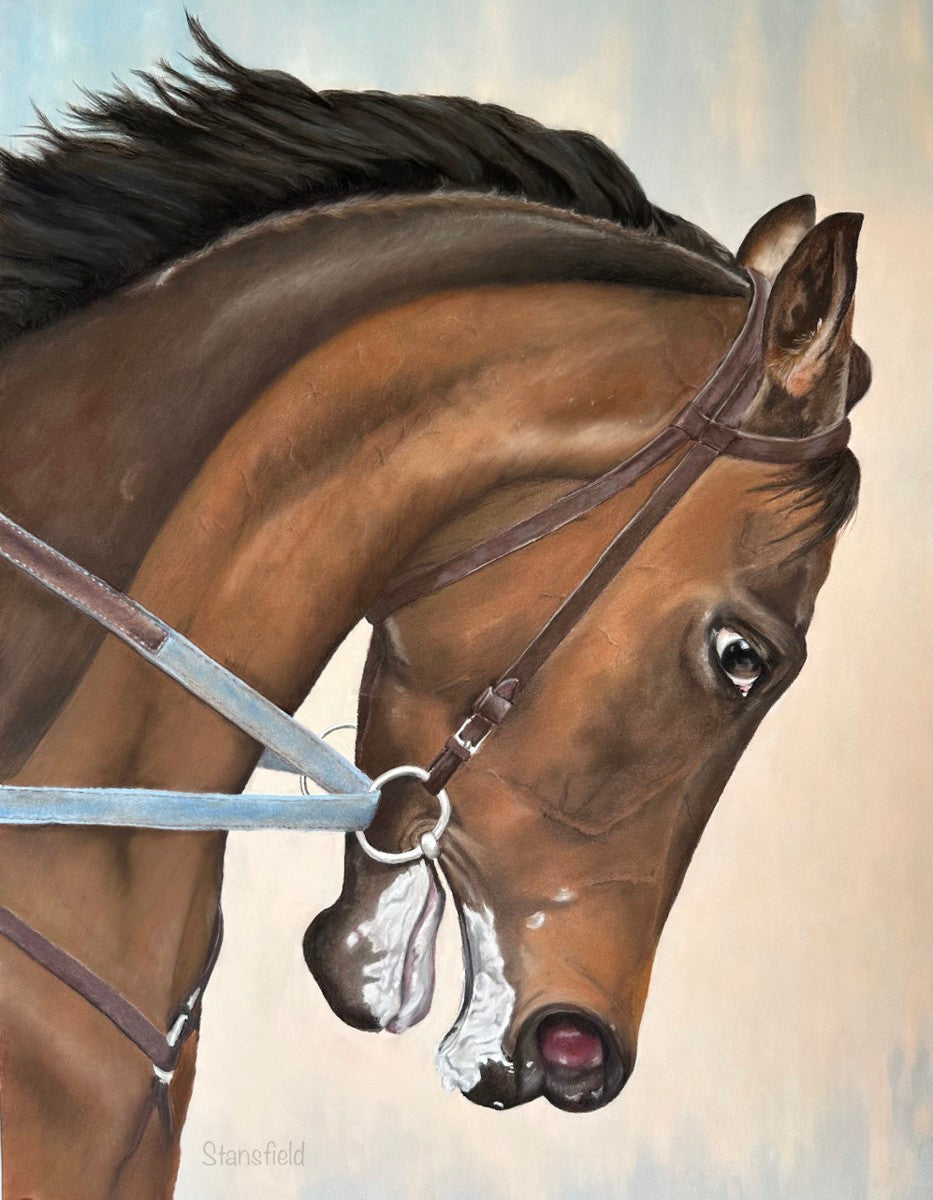 Bay Thoroughbred racehorse mid-action with streaming mane – art print by Fiona Stansfield