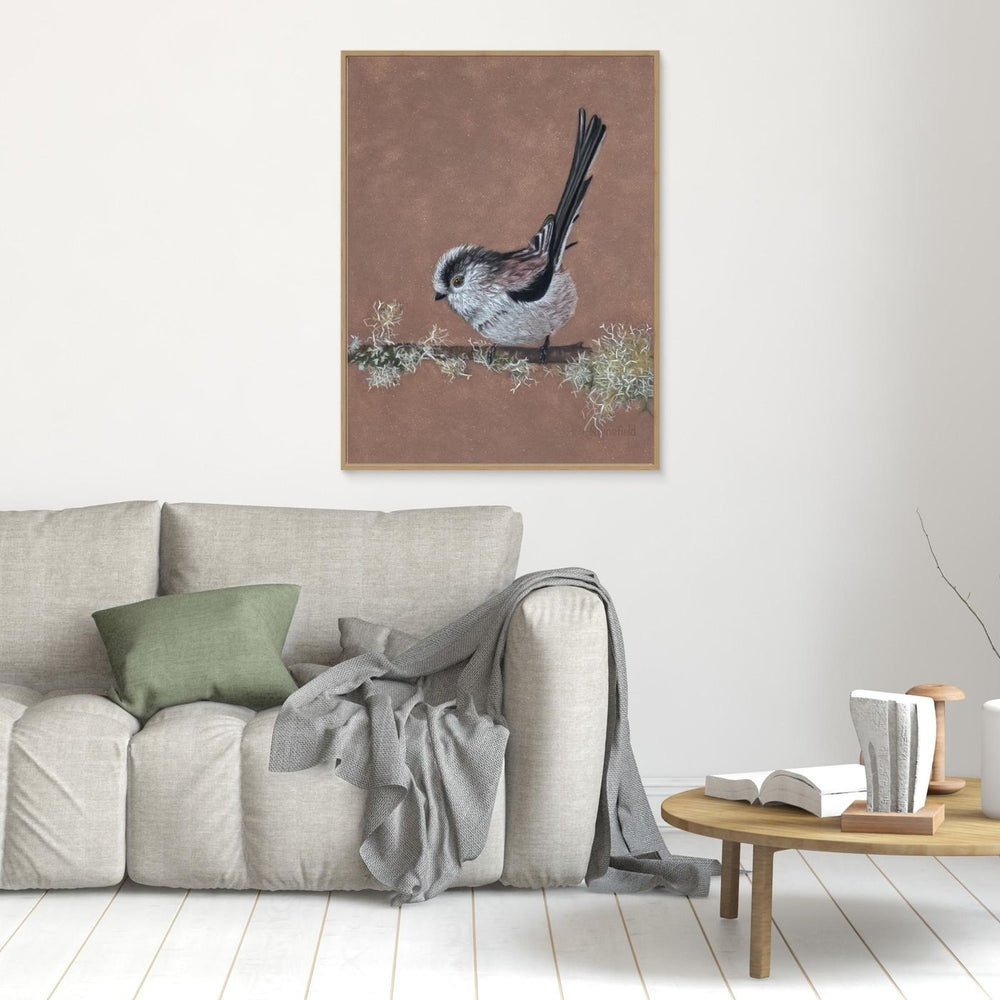 Long-tailed tit lichen stretched canvas and frame by Fiona Stansfield