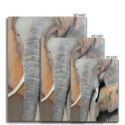 Elephant cow and calf: a stretched canvas print of an elephant cow and calf portrait