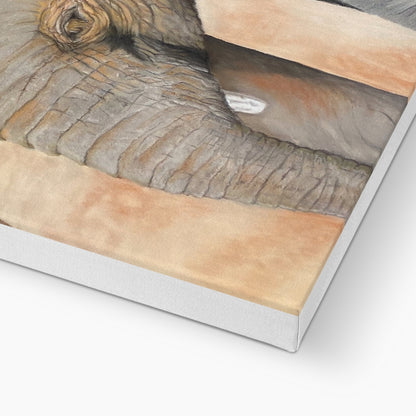 After a mud bath: a stretched canvas print of an elephant cow and calf