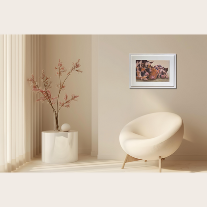 Picture of an original pastel piglet painting of four cute piglets cuddled up together; picture in a white frame on a cream wall.