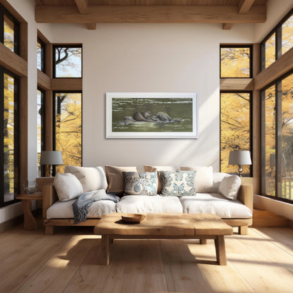 Picture of a framed original pastel otter painting from the west coast of Scotland placed in a lounge setting. By Fiona Stansfield Fine Art.