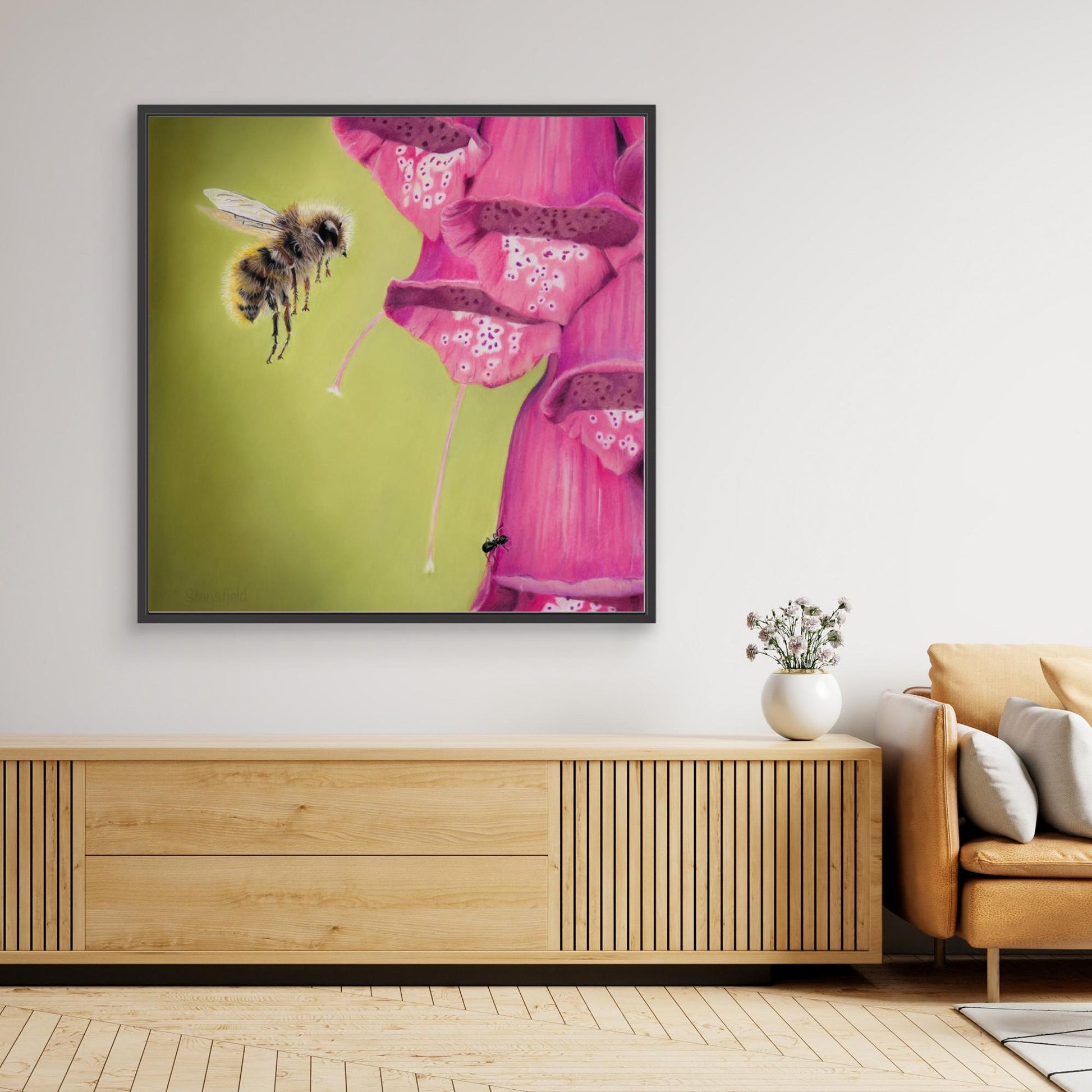 Wild bee and foxglove canvas print on a wall