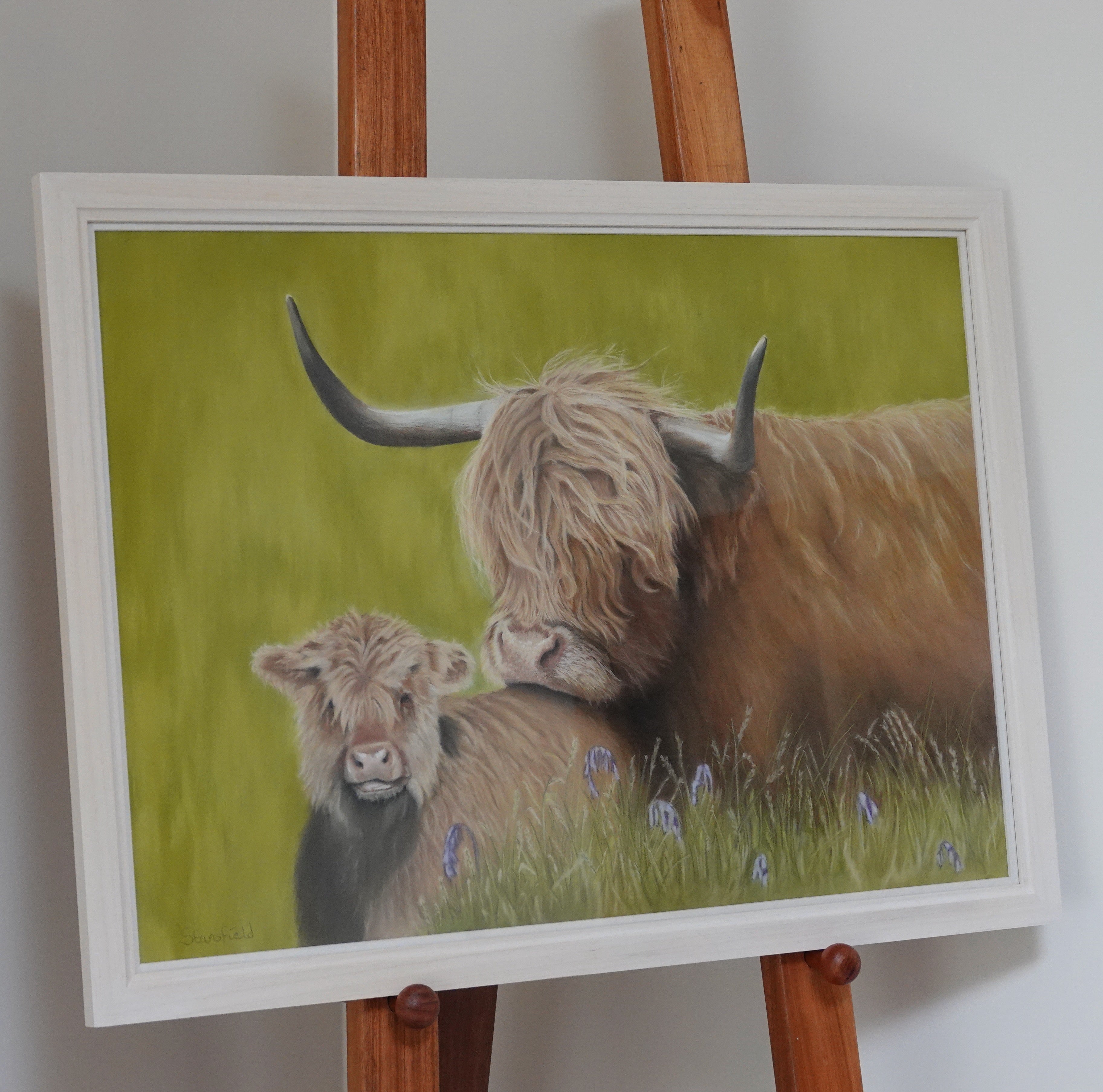 In Pastures Green original Highland cow and calf pastel painting