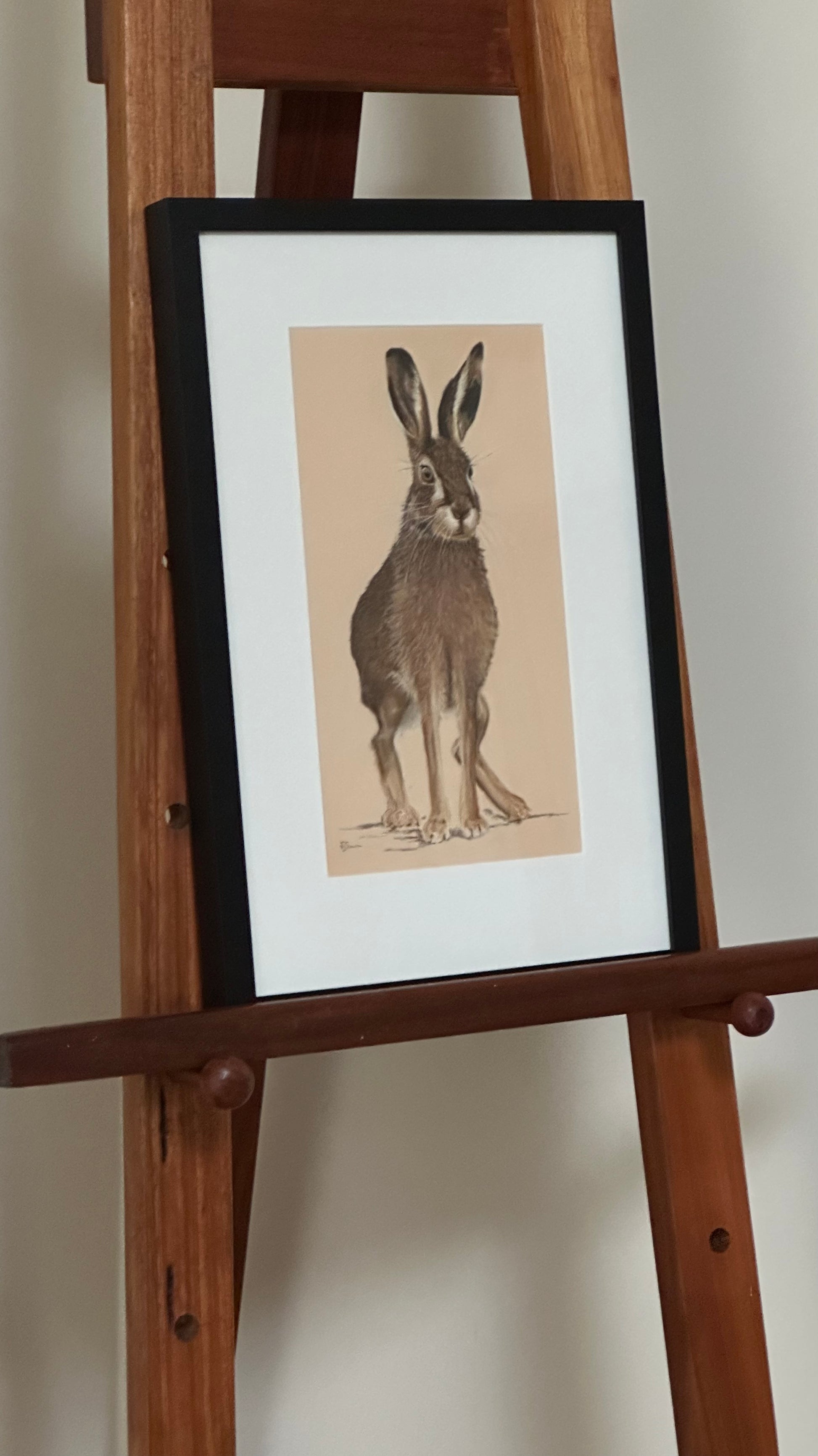 Framed illustration of a rabbit on a wooden ladder against a plain wall.