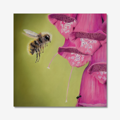 Illustration of a bee and a pink flower on a green background