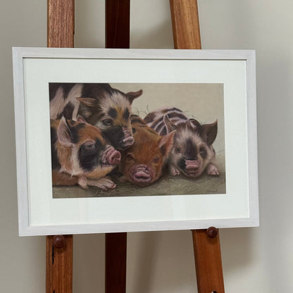 Framed photograph of pigs on a wooden easel against a plain wall.