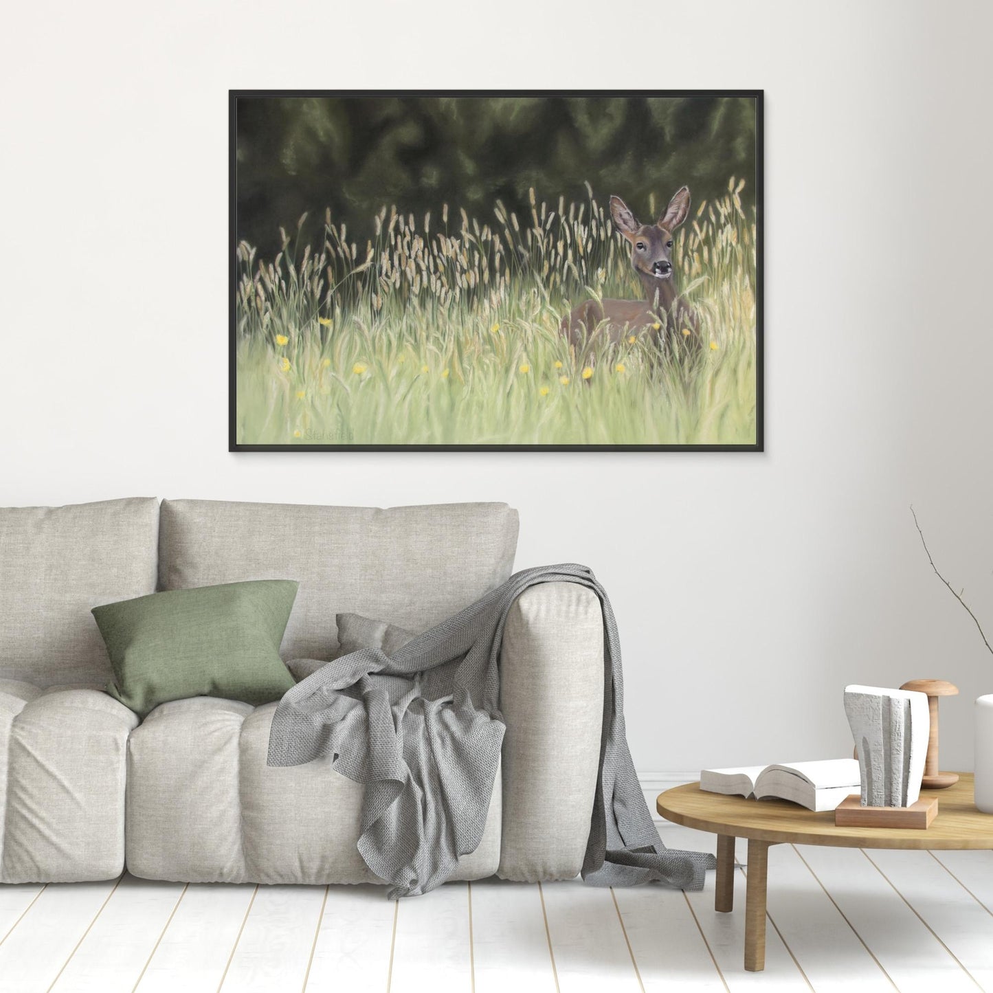 Framed canvas print of a wild deer in grassland 