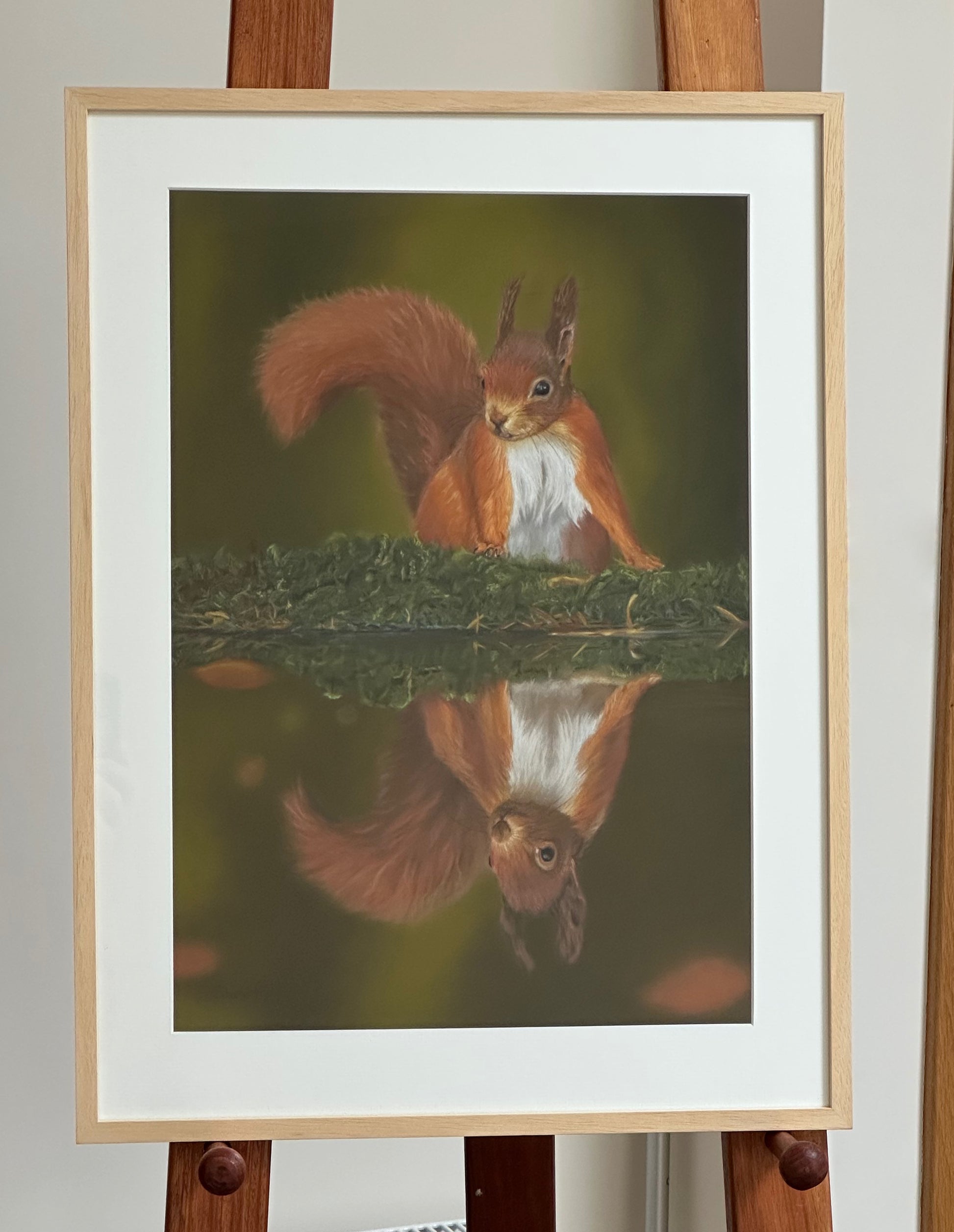 Framed artwork of a red squirrel with reflection on water