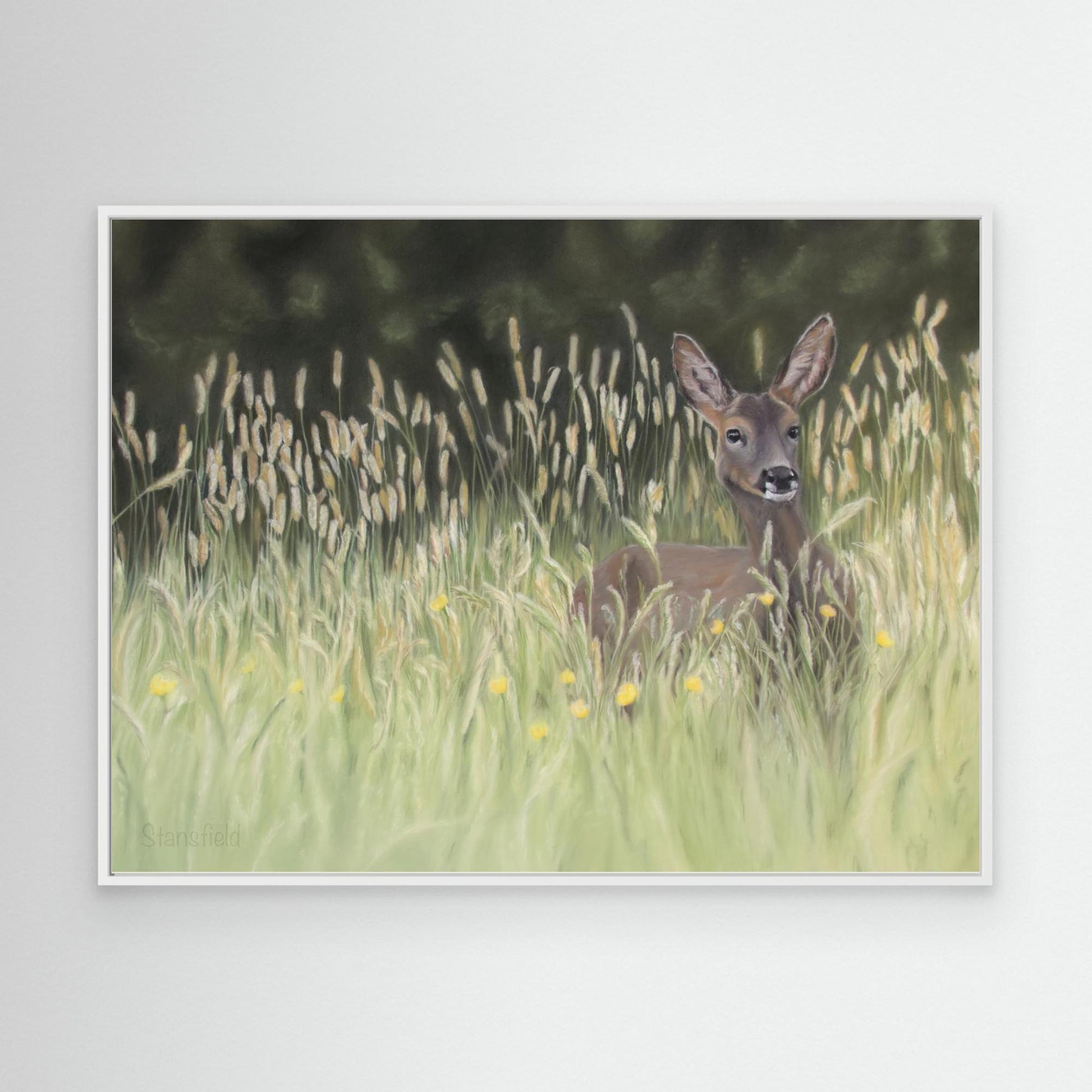 Wild deer in long grass on a framed stretched canvas print of an original painting for sale