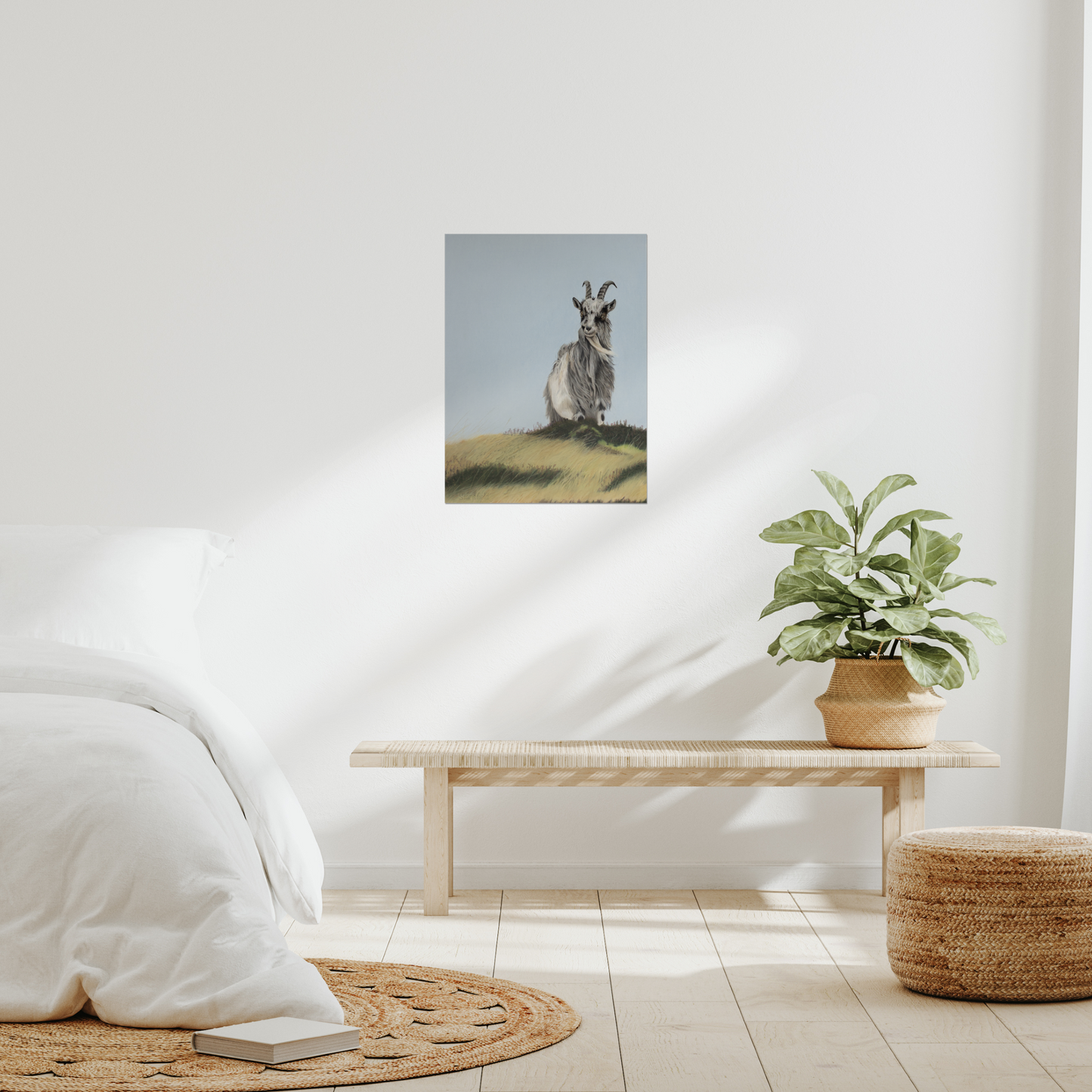 Bedroom interior with a painting of a goat in the wild in Scotland