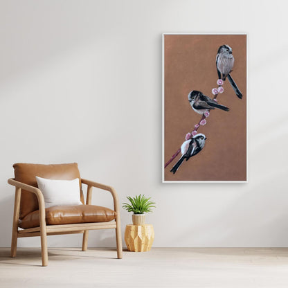 Long-tailed tit perched among willow branches canvas artwork