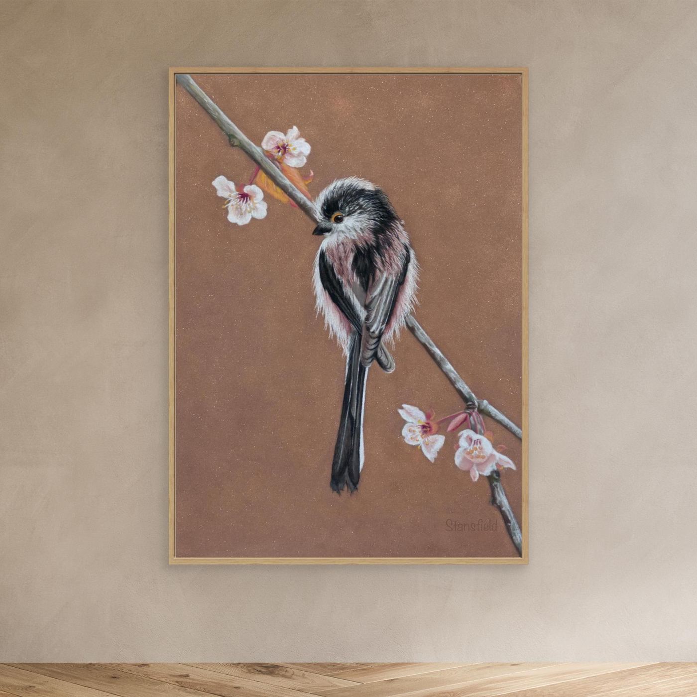 Long-tailed tit perched among blossom canvas artwork