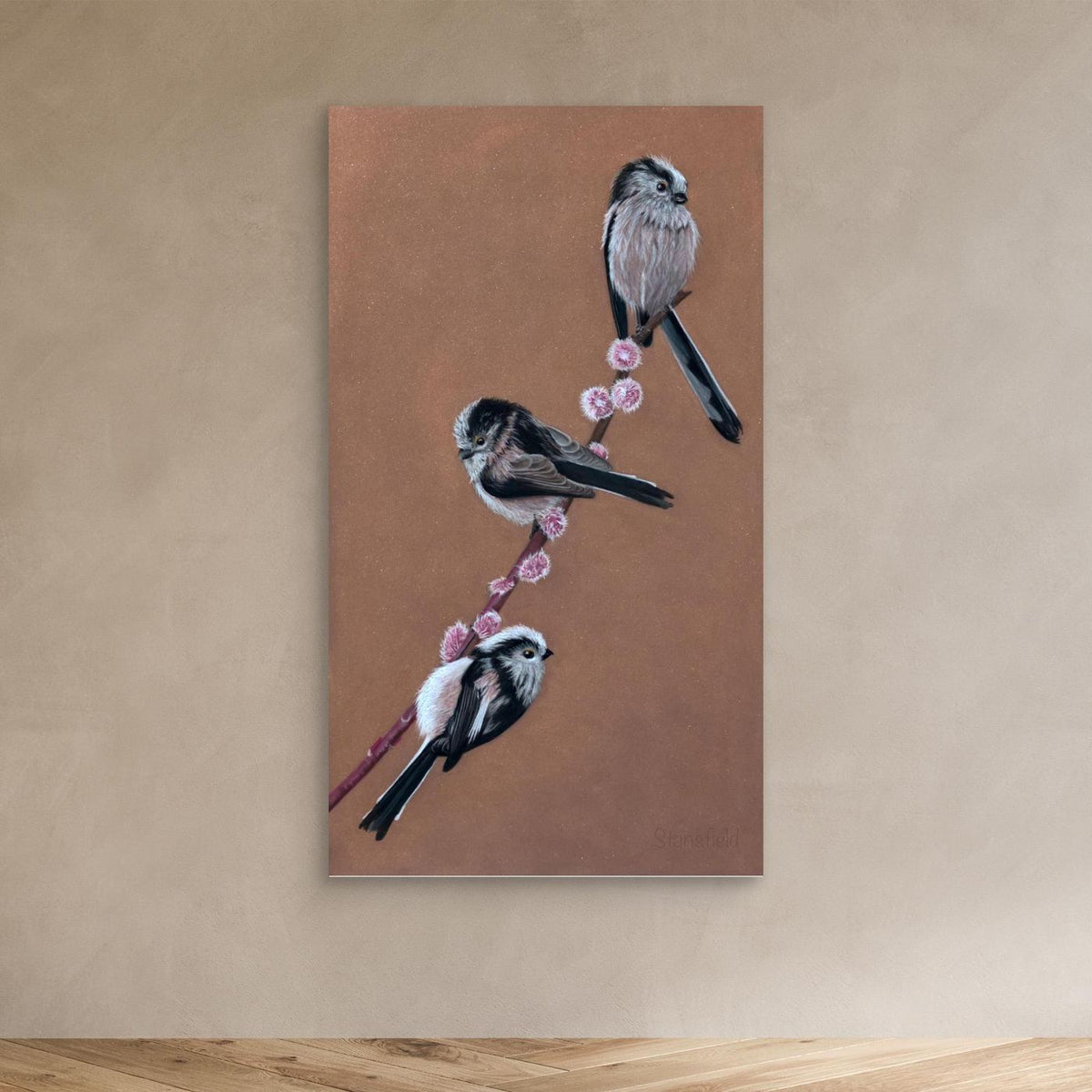 Long-tailed tit willow stretched canvas and frame by Fiona Stansfield