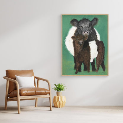 Belted Galloway cow and calf
