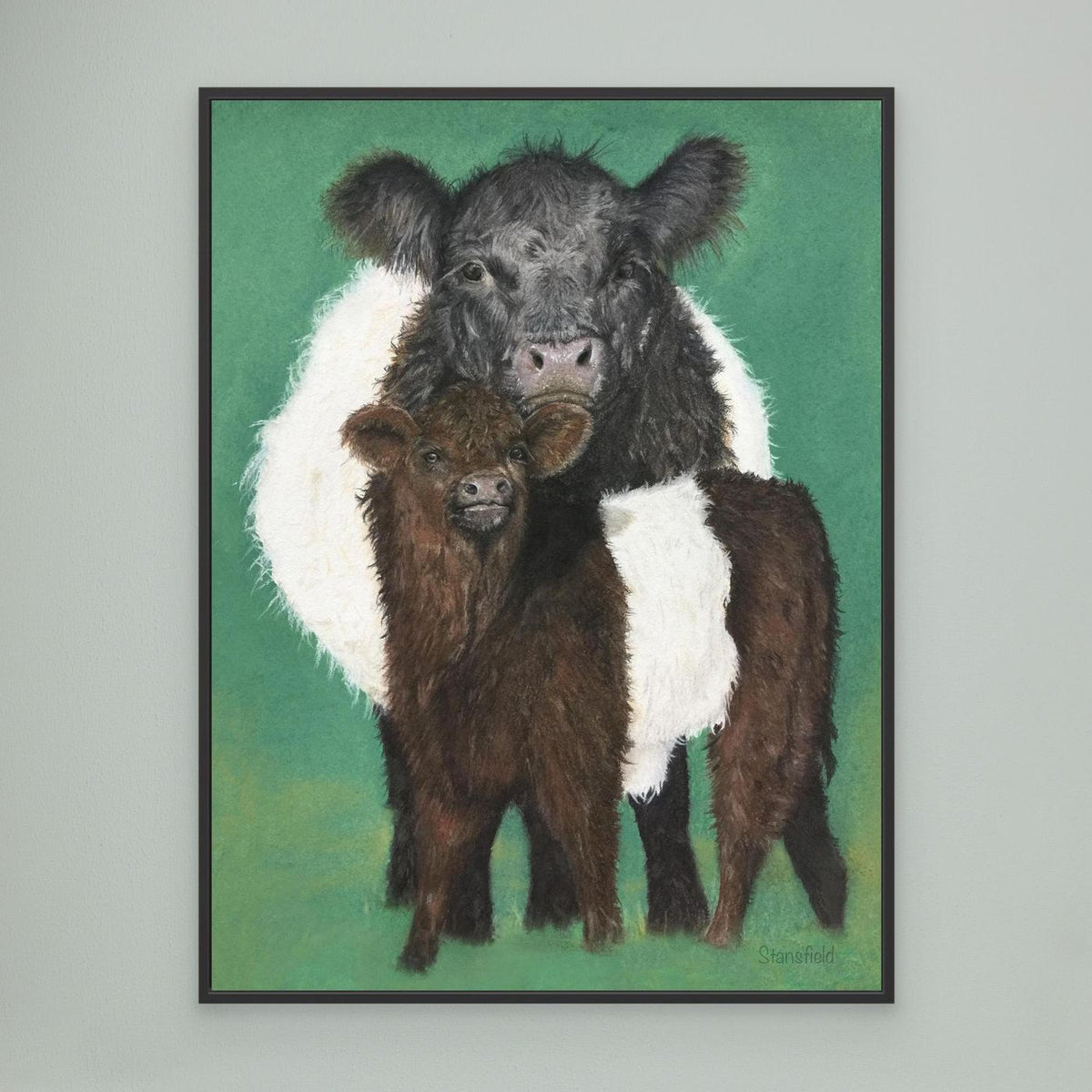 Belted Galloway cow and calf canvas with solid wooden frame