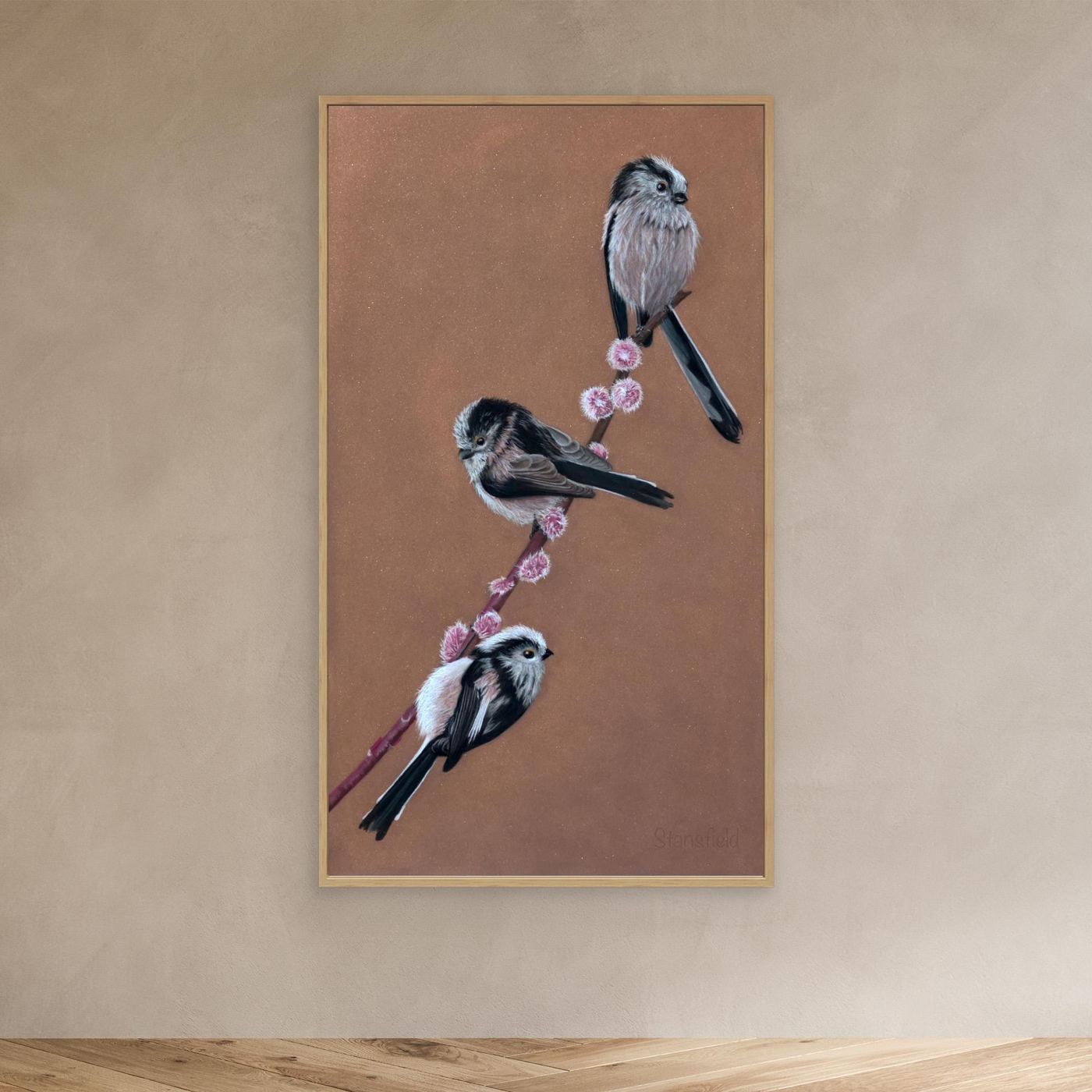 Long-tailed tit perched among willow branches canvas artwork
