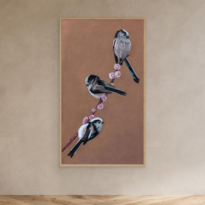 Long-tailed tit perched among willow branches canvas artwork