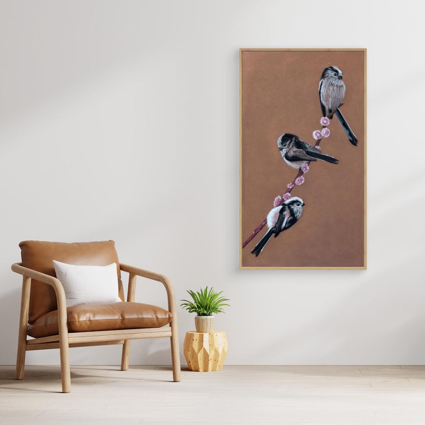 Long-tailed tit willow stretched canvas and frame by Fiona Stansfield