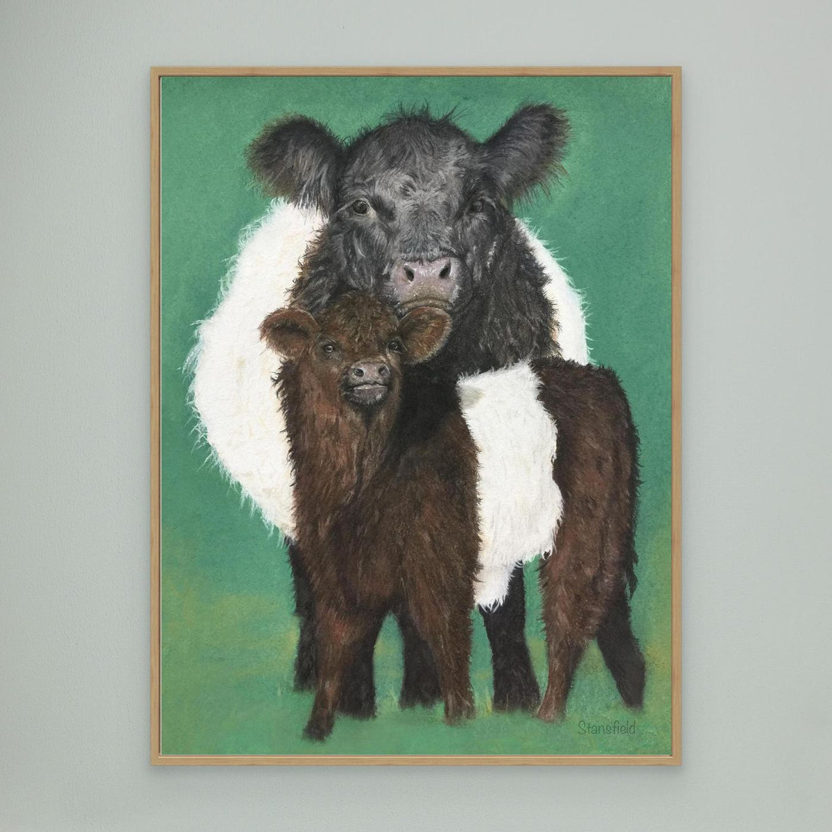 Belted Galloway cow and calf countryside artwork on canvas