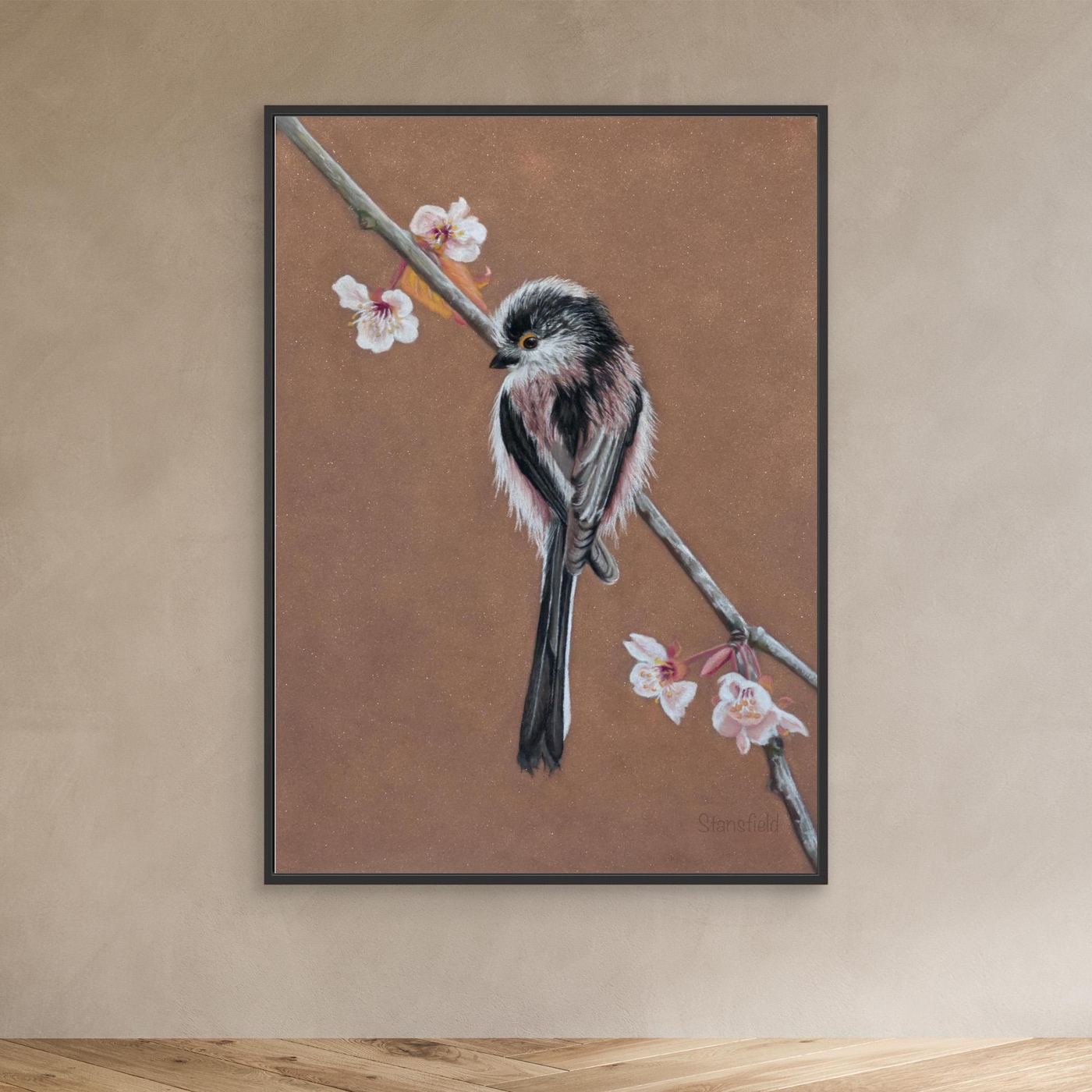 Long-tailed tit blossom framed wildlife artwork
