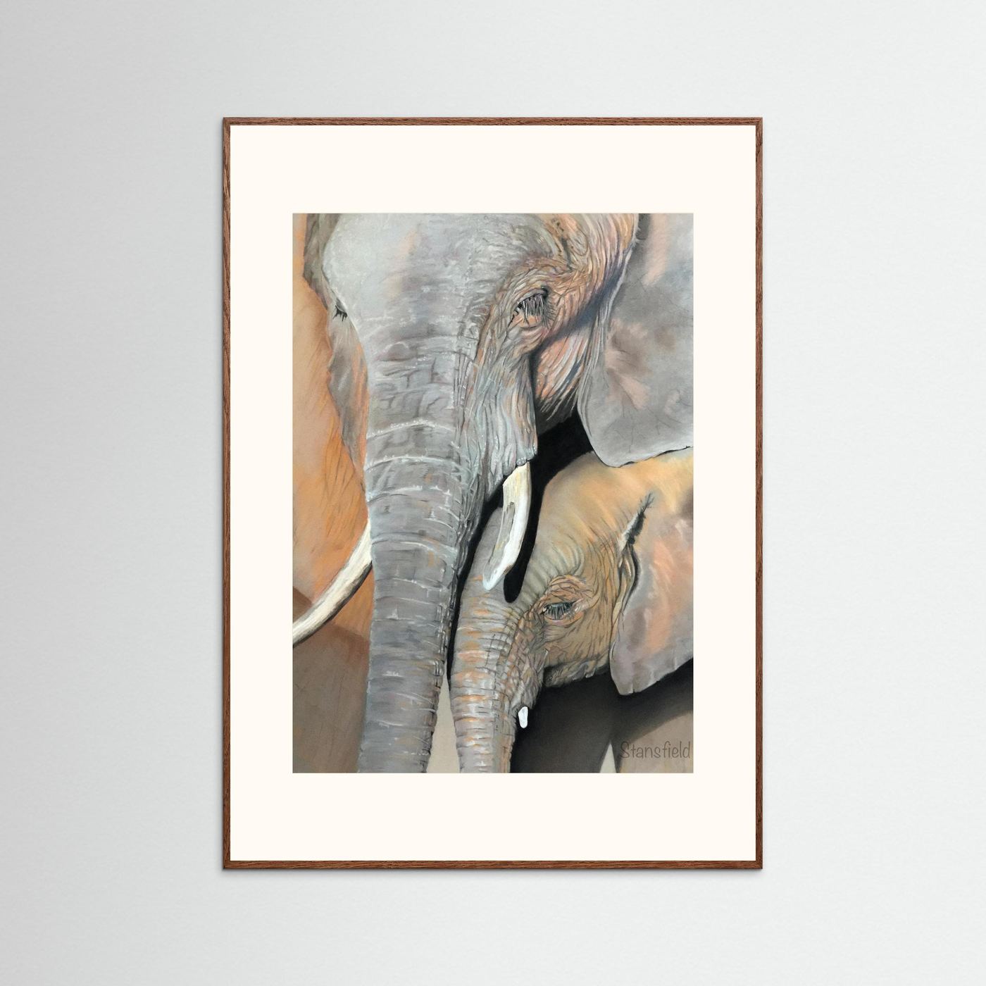 Elephant cow and calf: open edition print