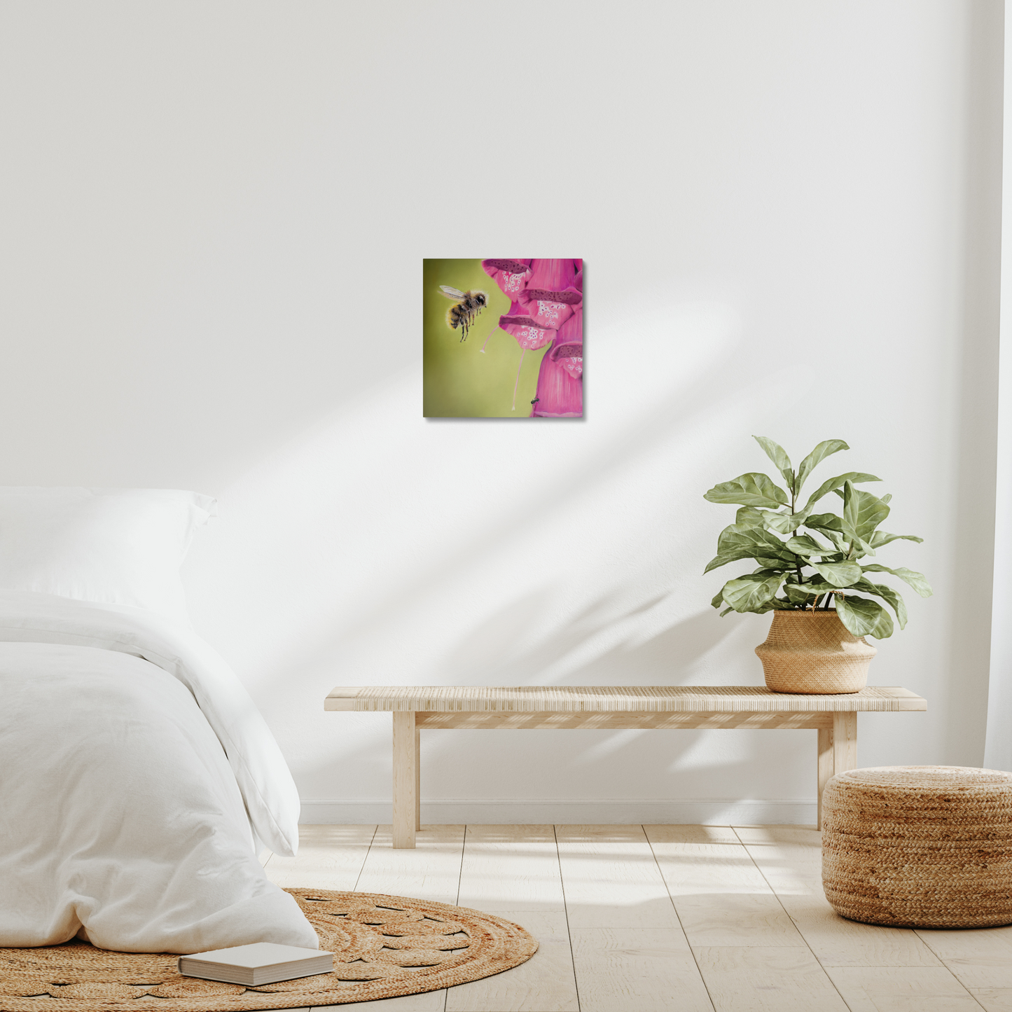 Floral dance - a busy bee approaching a foxglove in a stretched canvas